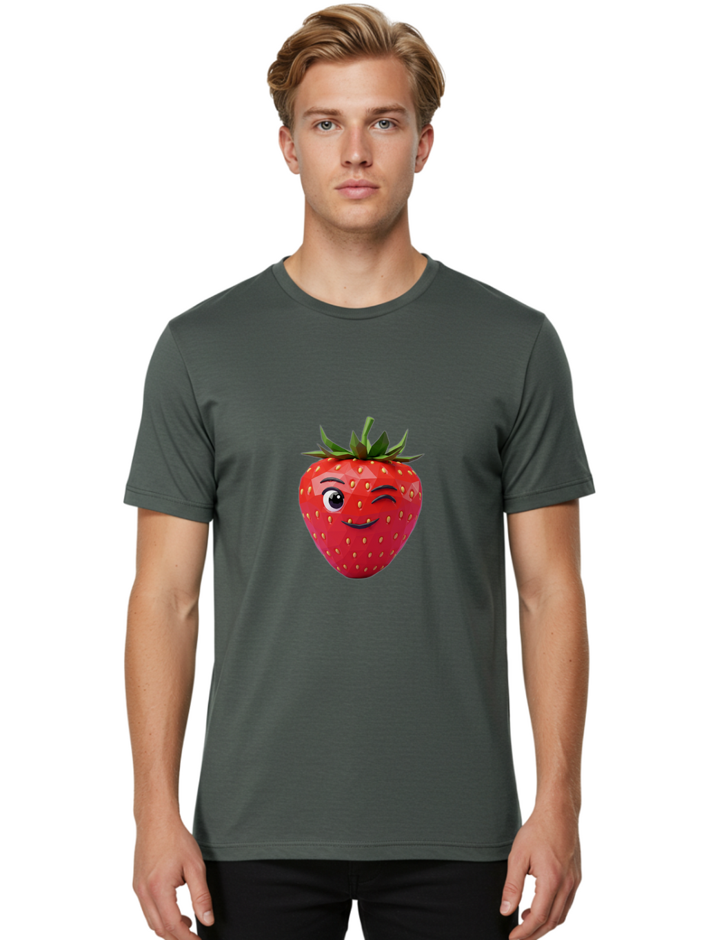 Winking-Strawberry-7 Men'S Graphic Tee, 100% Cotton, Comfortable Casual Summer Wear, Machine Washable, Winking Strawberry, Cute Strawberry, Cartoon Strawberry, Smiling Strawberry, Fruit Character, Adorable Fruit, Strawberry Face, Bac564