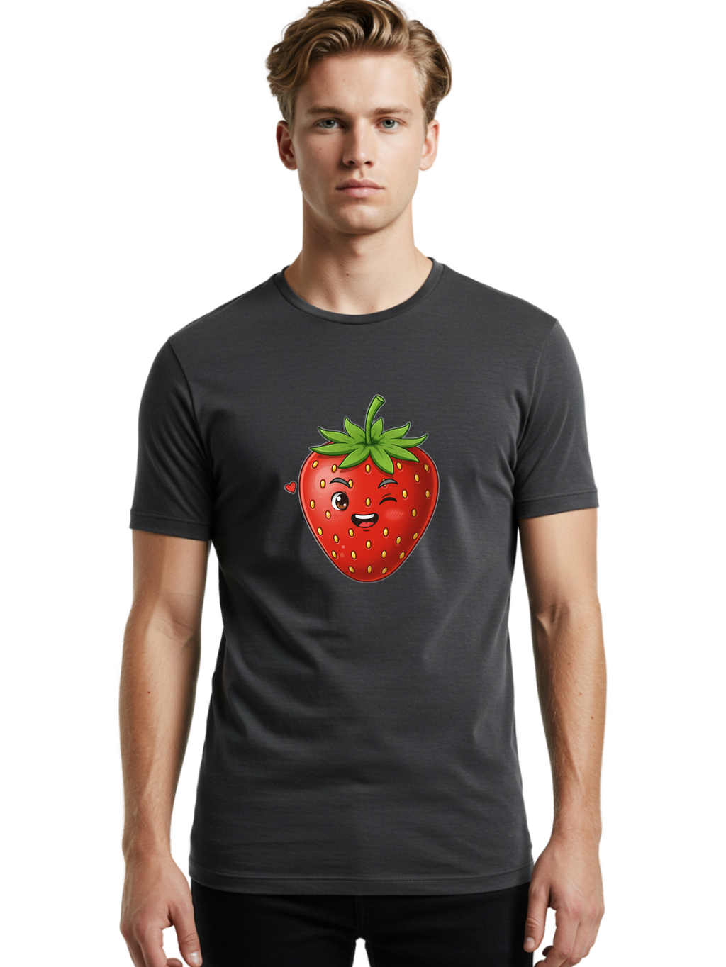 Winking-Strawberry Men'S Graphic Tee, 100% Cotton, Comfortable Casual Summer Wear, Machine Washable, Cartoon Strawberry, Winking Face, Cute Character, Red Fruit, Green Leaves, Yellow Seeds, Playful Vibe, Sweet Treat, Kawaii Icon, Bac567