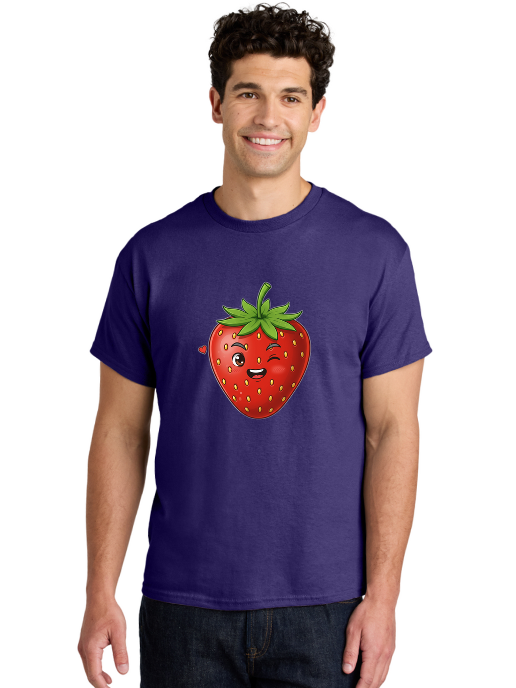 Winking-Strawberry Men'S Graphic Tee, 100% Cotton, Comfortable Casual Summer Wear, Machine Washable, Cartoon Strawberry, Winking Face, Cute Character, Red Fruit, Green Leaves, Yellow Seeds, Playful Vibe, Sweet Treat, Kawaii Icon, Bac567
