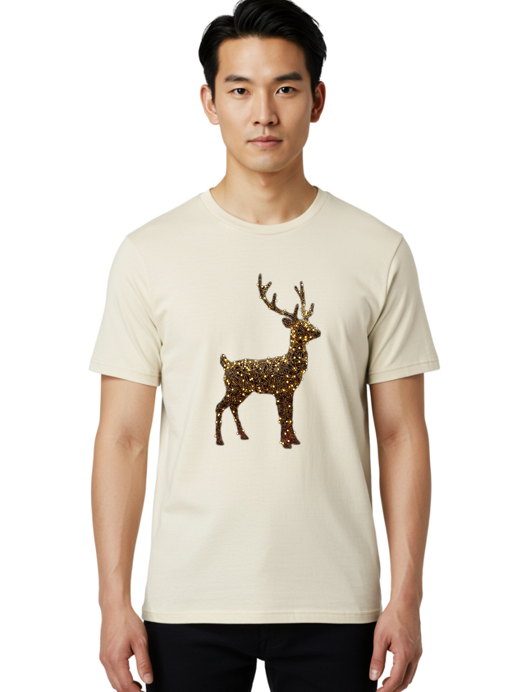 Wire-Reindeer Men'S Graphic Tee, 100% Cotton, Comfortable Casual Summer Wear, Machine Washable, Reindeer Decoration, Christmas Lights, Festive Decor, Holiday Display, Glowing Reindeer, Christmas Decoration, Outdoor Decor, Winter Wonderland Bac568