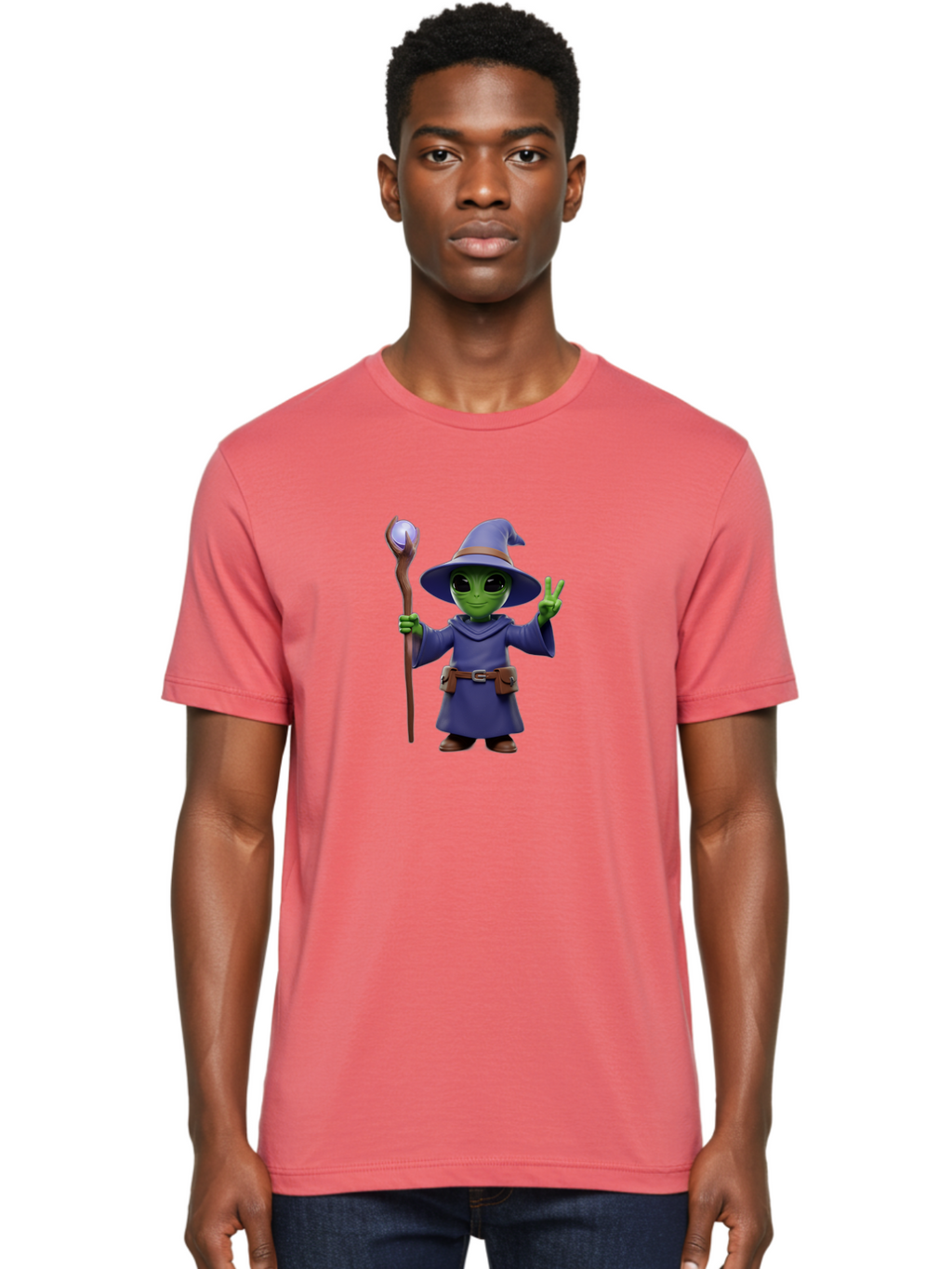 Wizard-Alien Men'S Graphic Tee, 100% Cotton, Comfortable Casual Summer Wear, Machine Washable, Cartoon Wizard, Alien Character, Fantasy Creature, Green Skin, Purple Robes, Magic Staff, Peace Sign, Mystical Powers, Otherworldly Being, Bac569