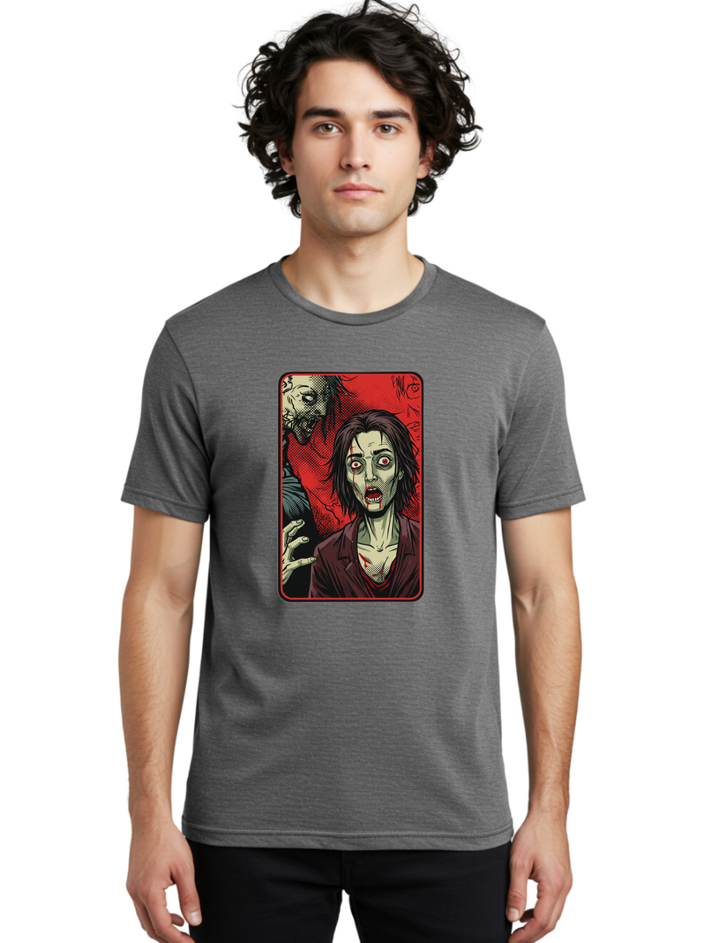 Zombie-Illustration Men'S Graphic Tee, 100% Cotton, Comfortable Casual Summer Wear, Machine Washable, Zombie Outbreak, Undead Creatures, Horror Scene, Post-Apocalyptic Chaos, Terrifying Atmosphere, Dark Fantasy, Red Eyes, Sharp Teeth, Bac570