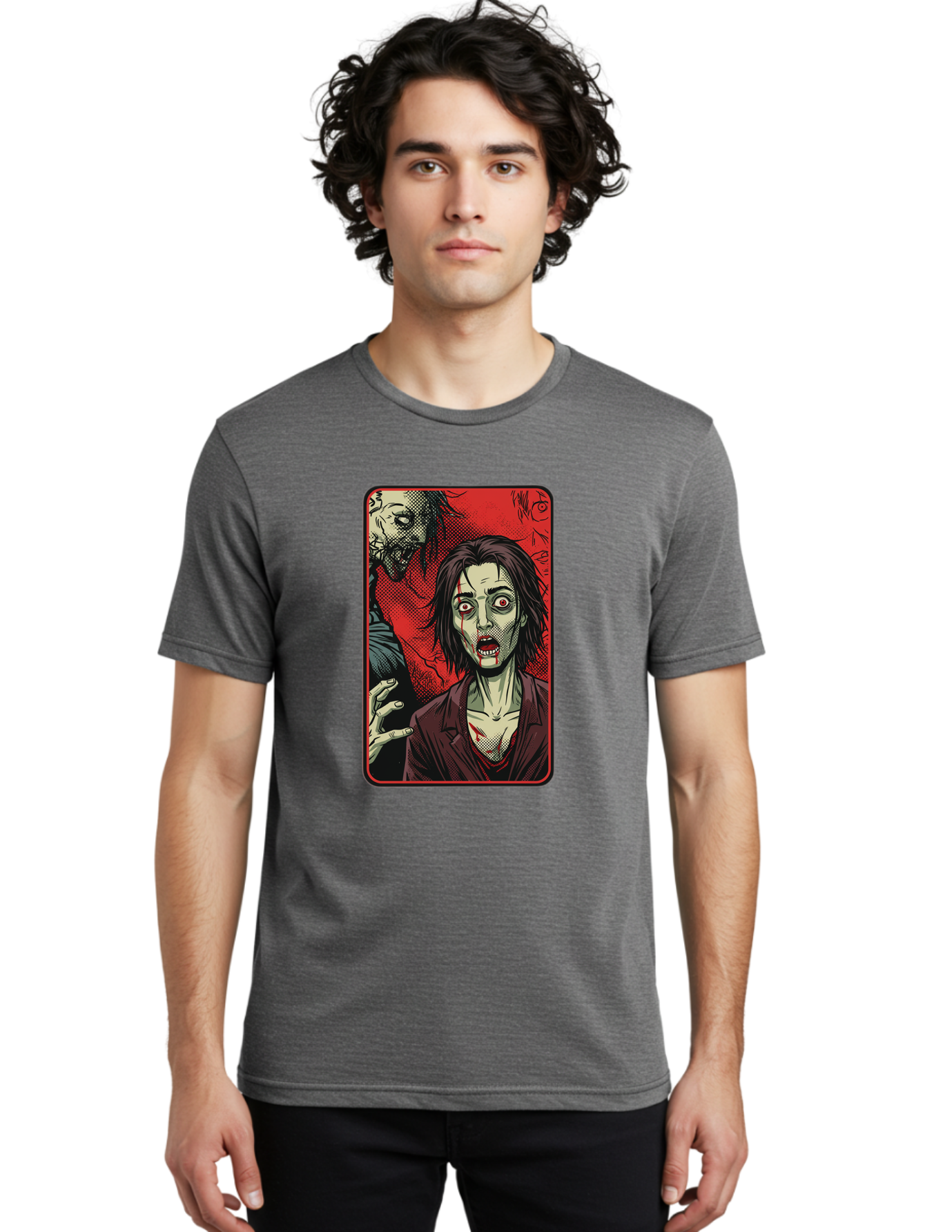 Zombie-Illustration Men'S Graphic Tee, 100% Cotton, Comfortable Casual Summer Wear, Machine Washable, Zombie Outbreak, Undead Creatures, Horror Scene, Post-Apocalyptic Chaos, Terrifying Atmosphere, Dark Fantasy, Red Eyes, Sharp Teeth, Bac570