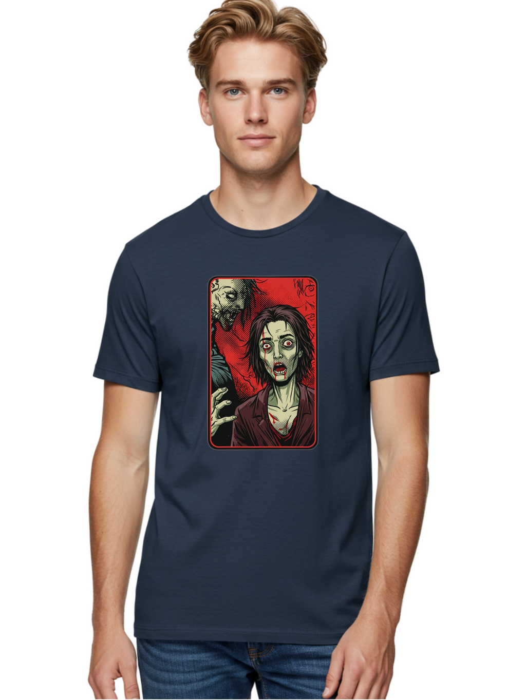 Zombie-Illustration Men'S Graphic Tee, 100% Cotton, Comfortable Casual Summer Wear, Machine Washable, Zombie Outbreak, Undead Creatures, Horror Scene, Post-Apocalyptic Chaos, Terrifying Atmosphere, Dark Fantasy, Red Eyes, Sharp Teeth, Bac570