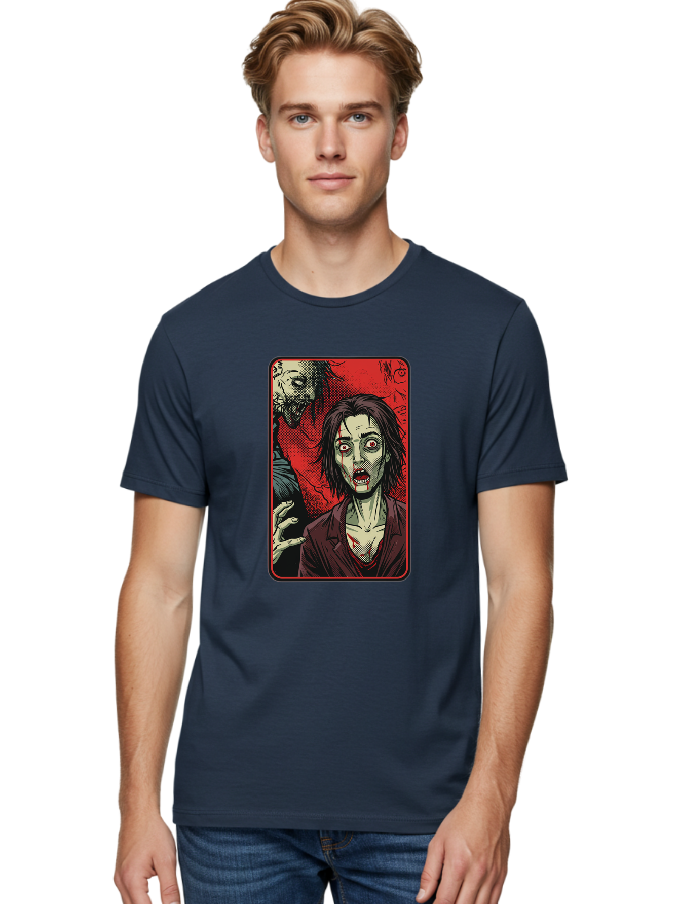 Zombie-Illustration Men'S Graphic Tee, 100% Cotton, Comfortable Casual Summer Wear, Machine Washable, Zombie Outbreak, Undead Creatures, Horror Scene, Post-Apocalyptic Chaos, Terrifying Atmosphere, Dark Fantasy, Red Eyes, Sharp Teeth, Bac570