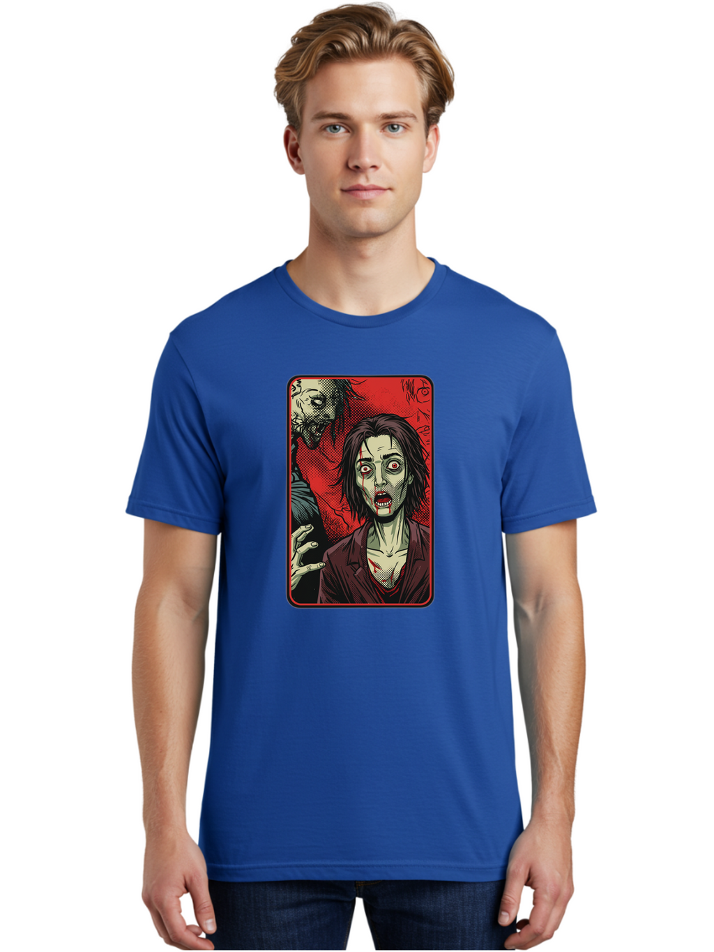 Zombie-Illustration Men'S Graphic Tee, 100% Cotton, Comfortable Casual Summer Wear, Machine Washable, Zombie Outbreak, Undead Creatures, Horror Scene, Post-Apocalyptic Chaos, Terrifying Atmosphere, Dark Fantasy, Red Eyes, Sharp Teeth, Bac570