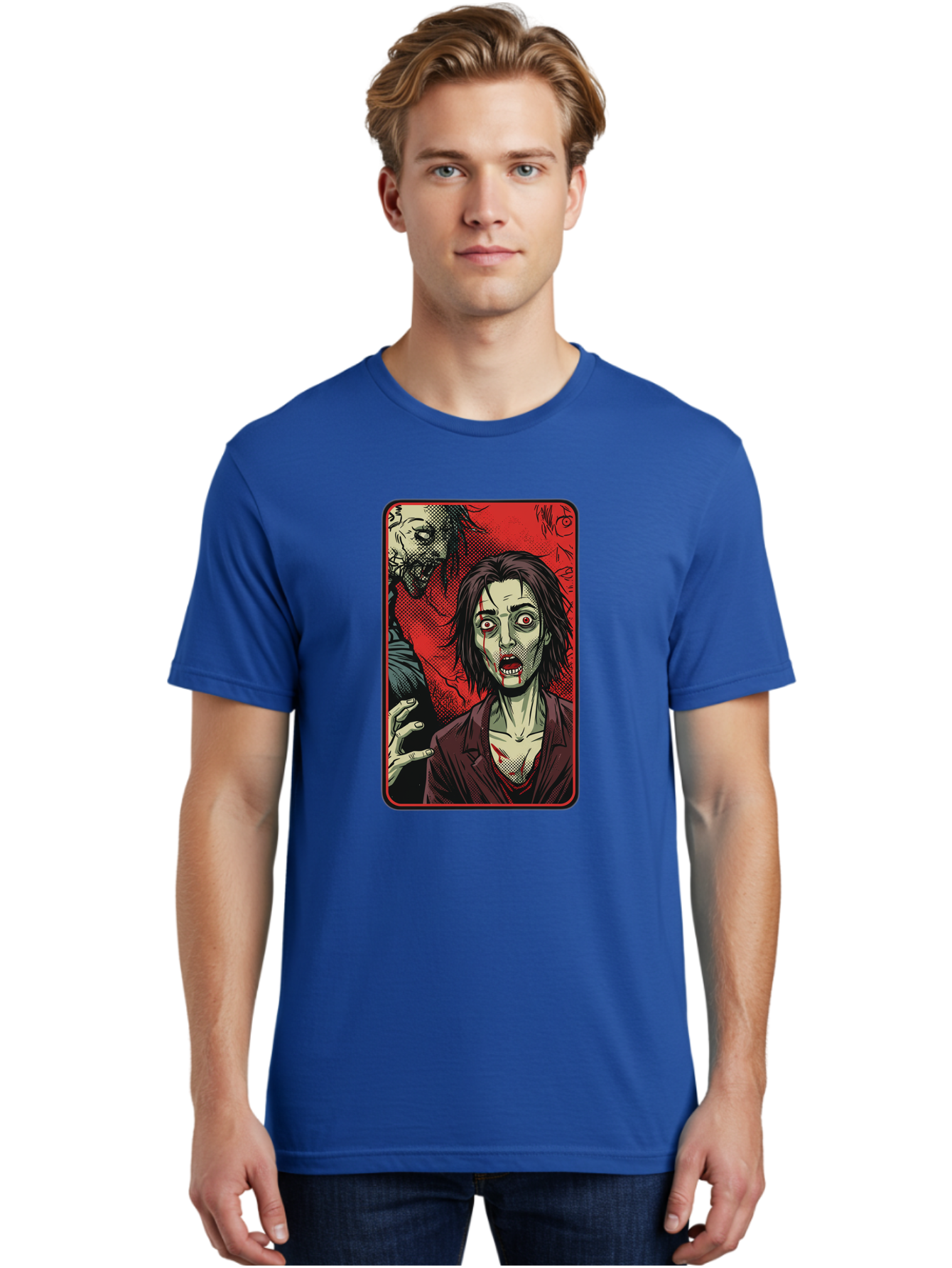 Zombie-Illustration Men'S Graphic Tee, 100% Cotton, Comfortable Casual Summer Wear, Machine Washable, Zombie Outbreak, Undead Creatures, Horror Scene, Post-Apocalyptic Chaos, Terrifying Atmosphere, Dark Fantasy, Red Eyes, Sharp Teeth, Bac570