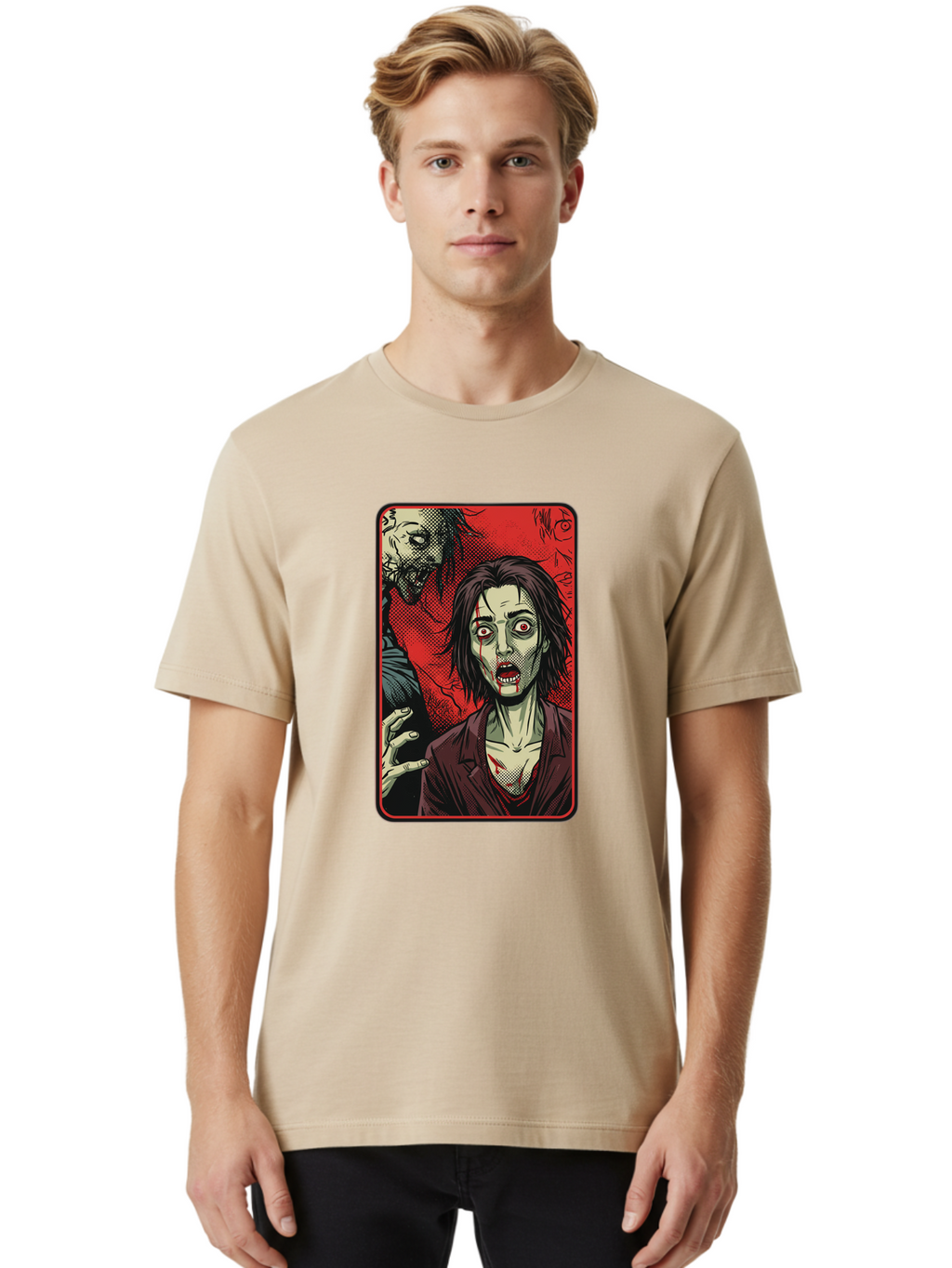 Zombie-Illustration Men'S Graphic Tee, 100% Cotton, Comfortable Casual Summer Wear, Machine Washable, Zombie Outbreak, Undead Creatures, Horror Scene, Post-Apocalyptic Chaos, Terrifying Atmosphere, Dark Fantasy, Red Eyes, Sharp Teeth, Bac570