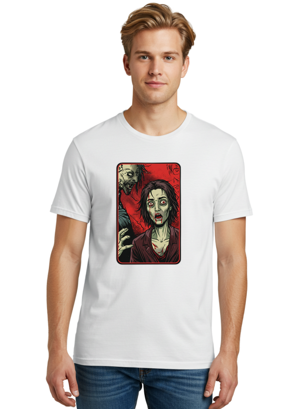 Zombie-Illustration Men'S Graphic Tee, 100% Cotton, Comfortable Casual Summer Wear, Machine Washable, Zombie Outbreak, Undead Creatures, Horror Scene, Post-Apocalyptic Chaos, Terrifying Atmosphere, Dark Fantasy, Red Eyes, Sharp Teeth, Bac570