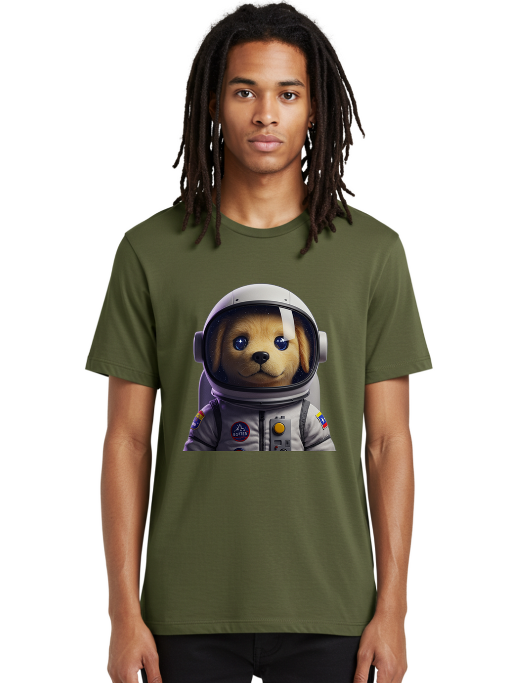 Zotter-Pup-In-Spacesuit Men'S Graphic Tee, 100% Cotton, Comfortable Casual Summer Wear, Machine Washable, Puppy In Space Suit, Dog In Astronaut Helmet, Cotter Logo, Space Exploration, Cute Canine, Futuristic Adventure, Sci-Fi Theme, Bac571
