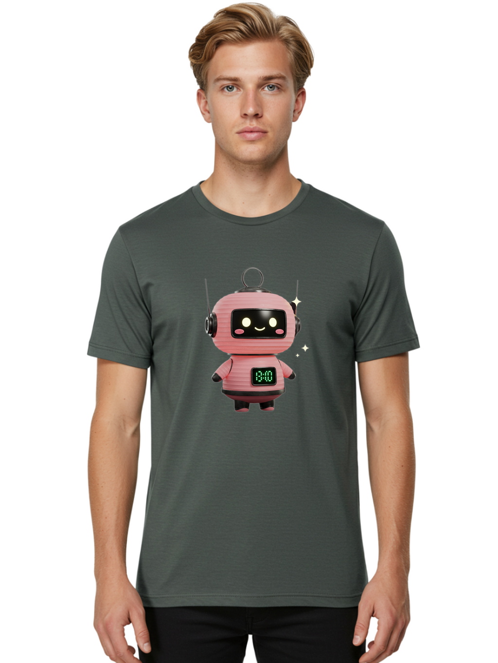 13-00-Robot Men'S Graphic Tee, 100% Cotton, Comfortable Casual Summer Wear, Machine Washable, Cartoon Robot With Clock, Digital Time Display, 13:00, Futuristic Design, Robot Character, Alarm Clock, Kawaii Style, Robot Technology, Bac572
