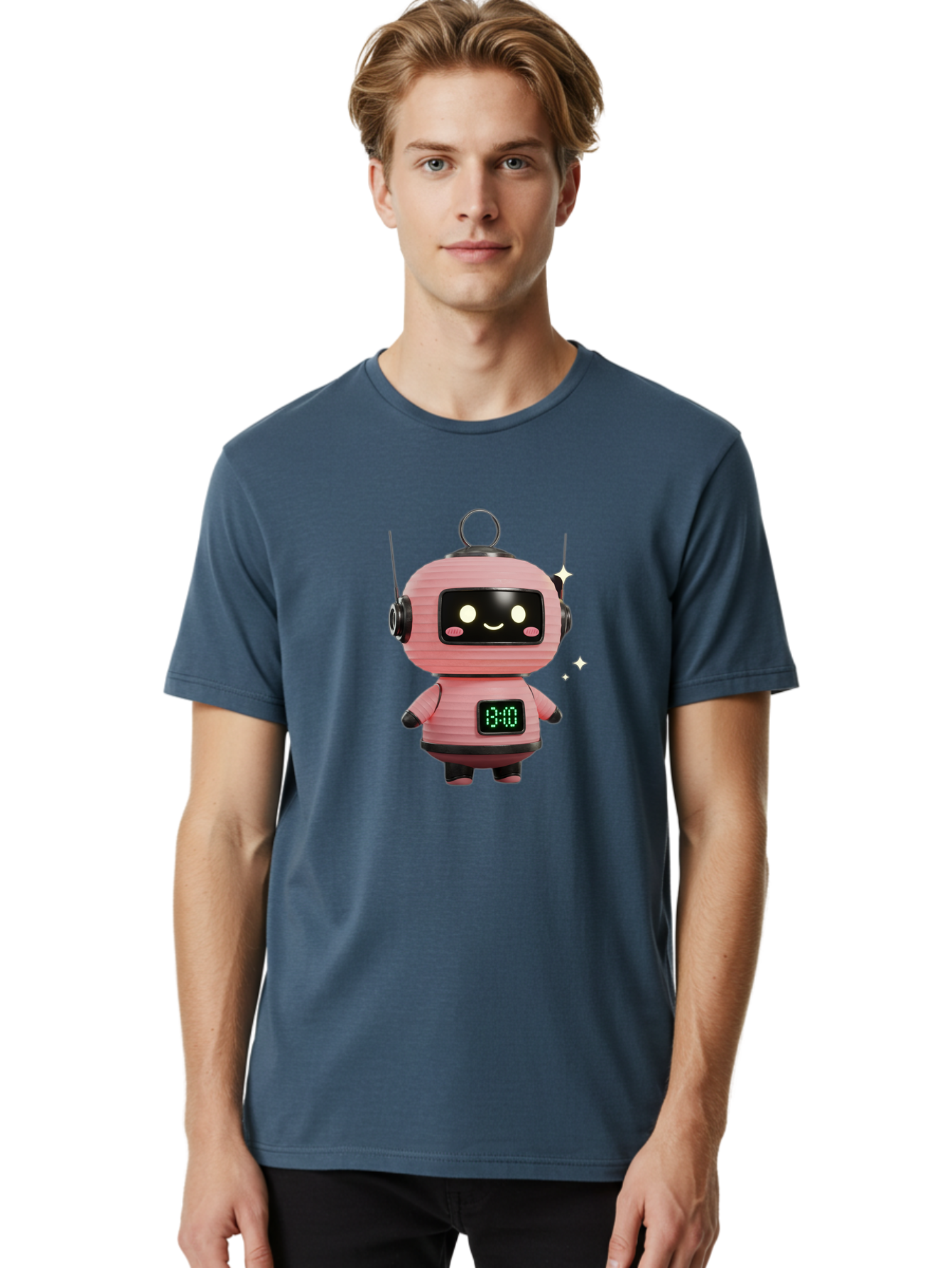 13-00-Robot Men'S Graphic Tee, 100% Cotton, Comfortable Casual Summer Wear, Machine Washable, Cartoon Robot With Clock, Digital Time Display, 13:00, Futuristic Design, Robot Character, Alarm Clock, Kawaii Style, Robot Technology, Bac572