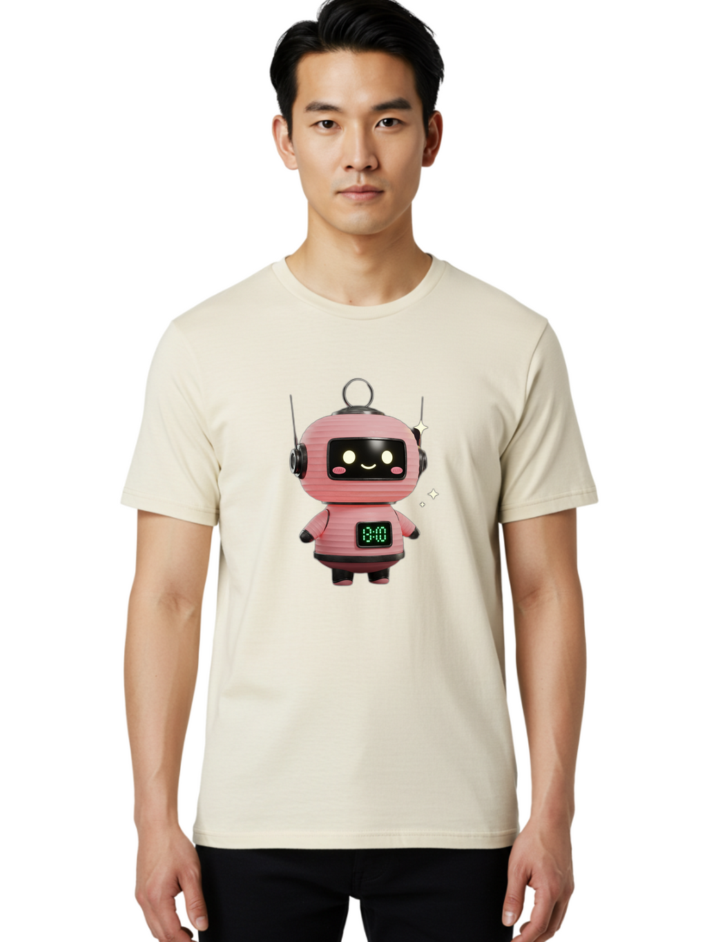 13-00-Robot Men'S Graphic Tee, 100% Cotton, Comfortable Casual Summer Wear, Machine Washable, Cartoon Robot With Clock, Digital Time Display, 13:00, Futuristic Design, Robot Character, Alarm Clock, Kawaii Style, Robot Technology, Bac572