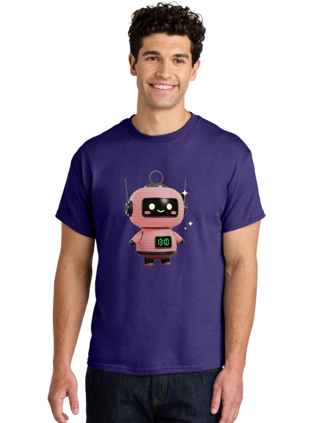 13-00-Robot Men'S Graphic Tee, 100% Cotton, Comfortable Casual Summer Wear, Machine Washable, Cartoon Robot With Clock, Digital Time Display, 13:00, Futuristic Design, Robot Character, Alarm Clock, Kawaii Style, Robot Technology, Bac572