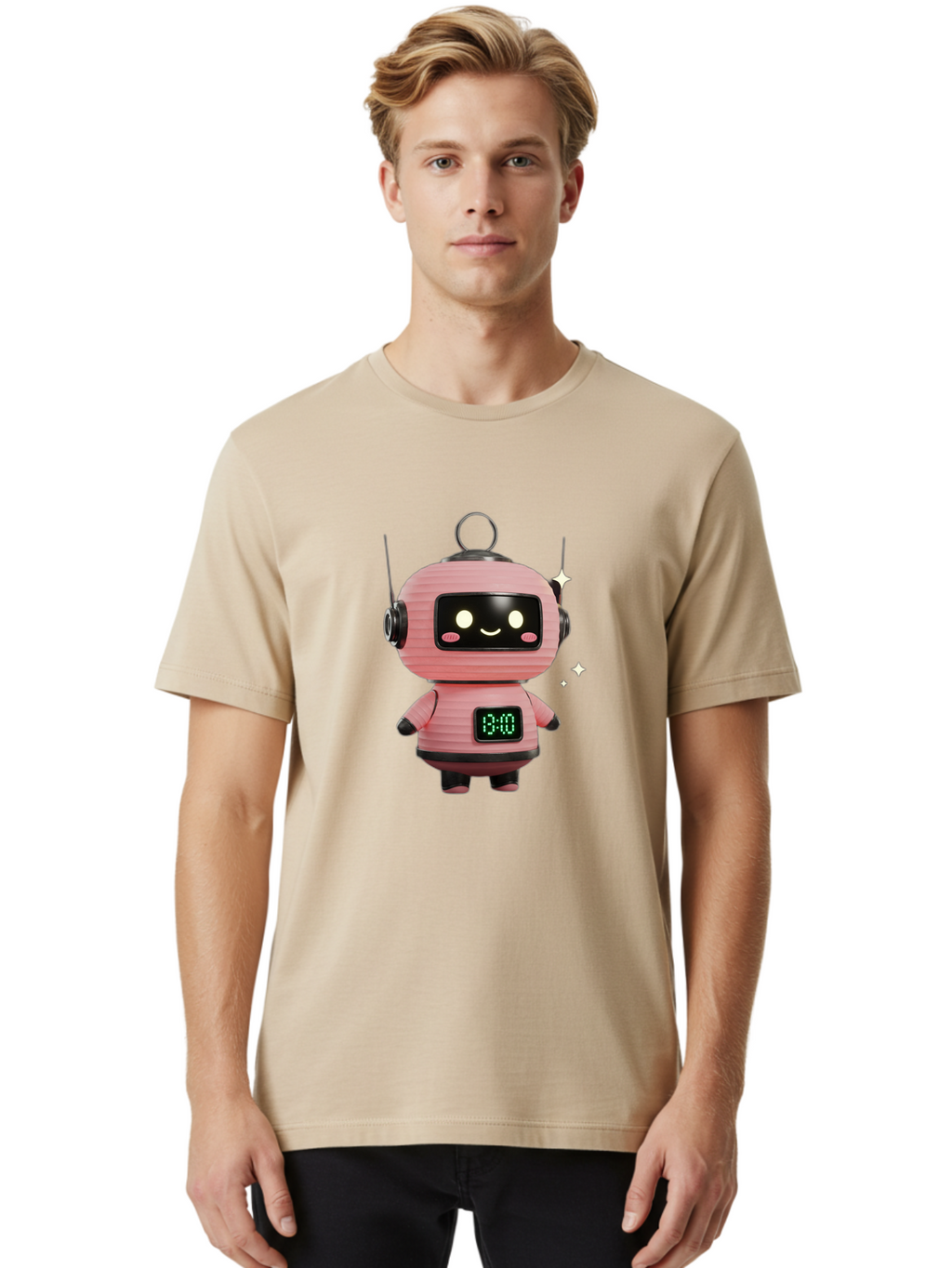 13-00-Robot Men'S Graphic Tee, 100% Cotton, Comfortable Casual Summer Wear, Machine Washable, Cartoon Robot With Clock, Digital Time Display, 13:00, Futuristic Design, Robot Character, Alarm Clock, Kawaii Style, Robot Technology, Bac572