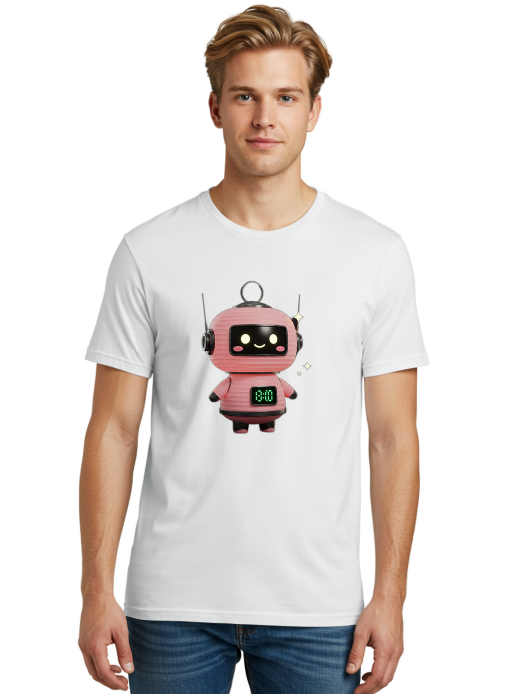 13-00-Robot Men'S Graphic Tee, 100% Cotton, Comfortable Casual Summer Wear, Machine Washable, Cartoon Robot With Clock, Digital Time Display, 13:00, Futuristic Design, Robot Character, Alarm Clock, Kawaii Style, Robot Technology, Bac572