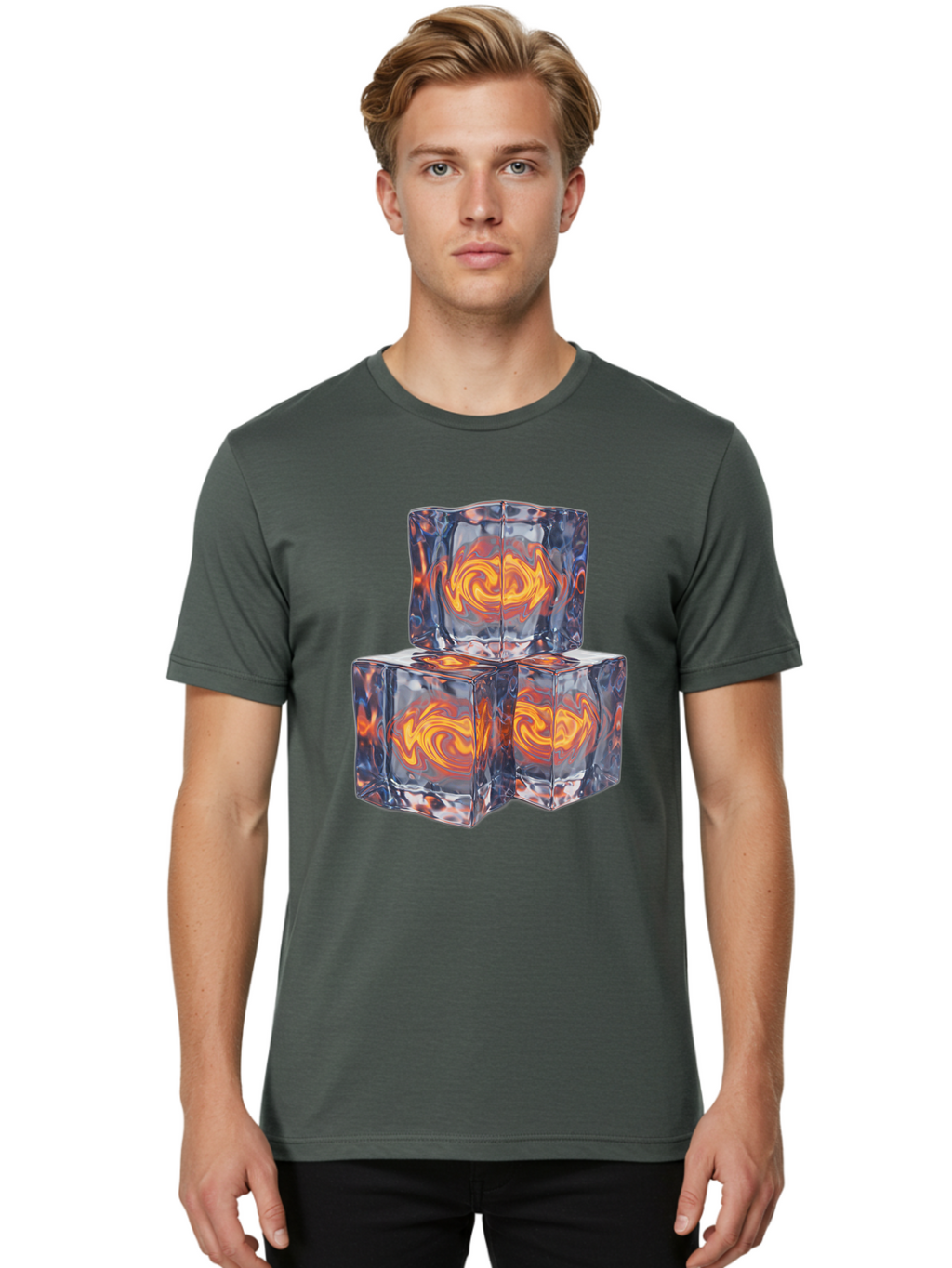 3D-Glass-Cubes Men'S Graphic Tee, 100% Cotton, Comfortable Casual Summer Wear, Machine Washable, Lava Ice, Orange Swirls, Red Molten, Glassy Texture, Reflective Surfaces, Abstract Design, Cube Shape, Fiery Patterns, Cool Contrast Bac574