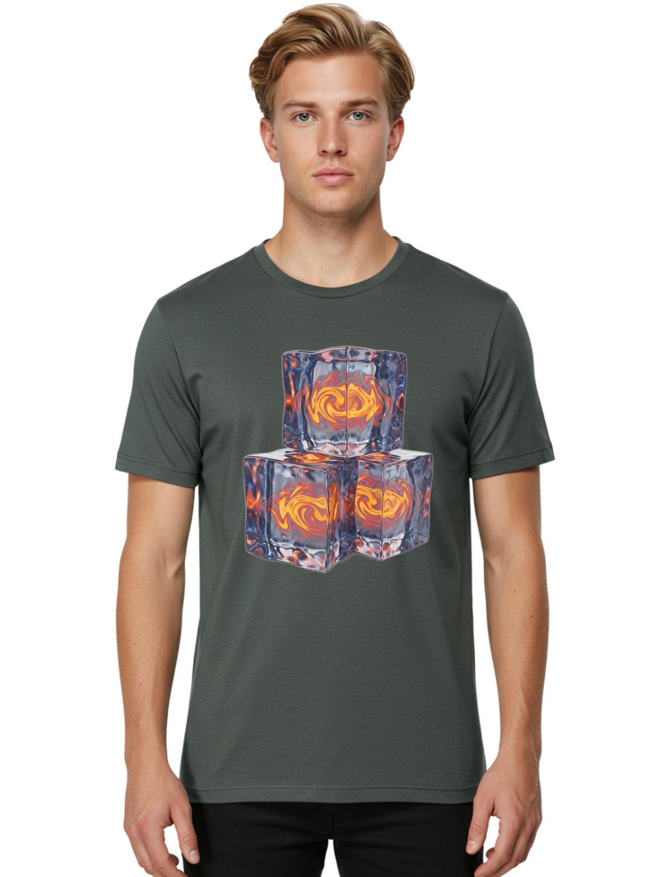 3D-Glass-Cubes Men'S Graphic Tee, 100% Cotton, Comfortable Casual Summer Wear, Machine Washable, Lava Ice, Orange Swirls, Red Molten, Glassy Texture, Reflective Surfaces, Abstract Design, Cube Shape, Fiery Patterns, Cool Contrast Bac574