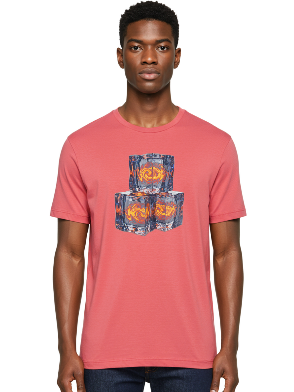 3D-Glass-Cubes Men'S Graphic Tee, 100% Cotton, Comfortable Casual Summer Wear, Machine Washable, Lava Ice, Orange Swirls, Red Molten, Glassy Texture, Reflective Surfaces, Abstract Design, Cube Shape, Fiery Patterns, Cool Contrast Bac574