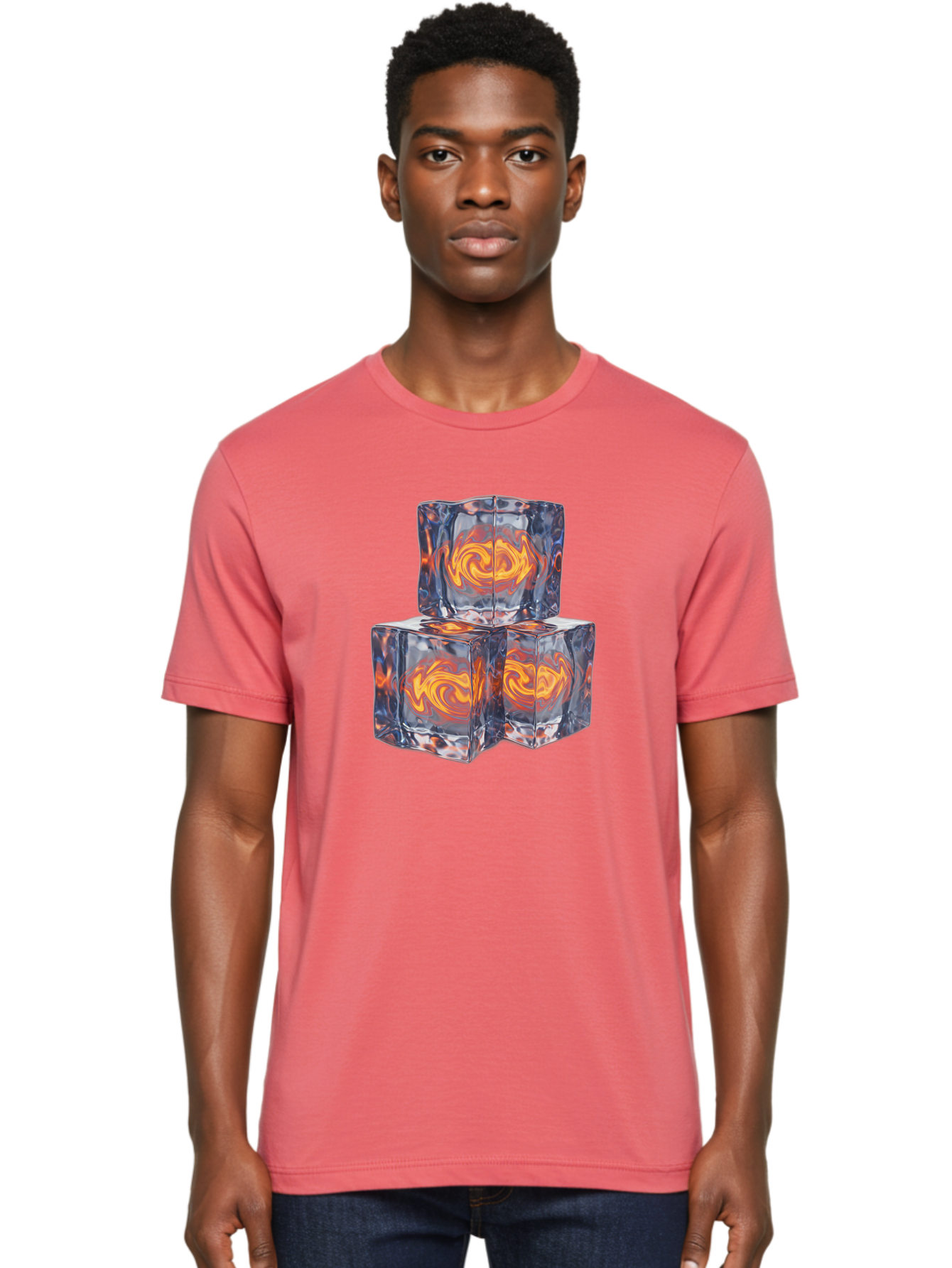 3D-Glass-Cubes Men'S Graphic Tee, 100% Cotton, Comfortable Casual Summer Wear, Machine Washable, Lava Ice, Orange Swirls, Red Molten, Glassy Texture, Reflective Surfaces, Abstract Design, Cube Shape, Fiery Patterns, Cool Contrast Bac574