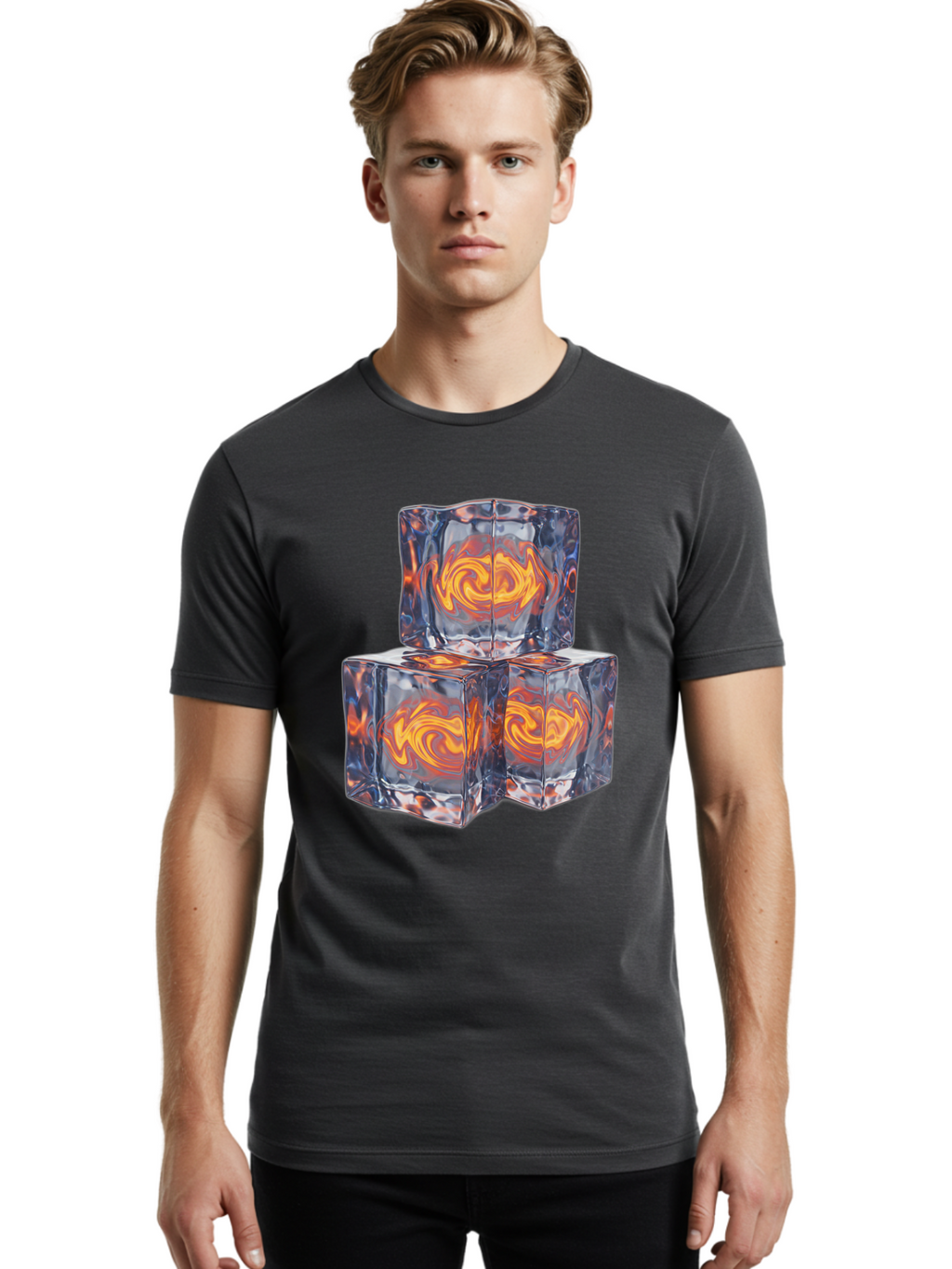 3D-Glass-Cubes Men'S Graphic Tee, 100% Cotton, Comfortable Casual Summer Wear, Machine Washable, Lava Ice, Orange Swirls, Red Molten, Glassy Texture, Reflective Surfaces, Abstract Design, Cube Shape, Fiery Patterns, Cool Contrast Bac574