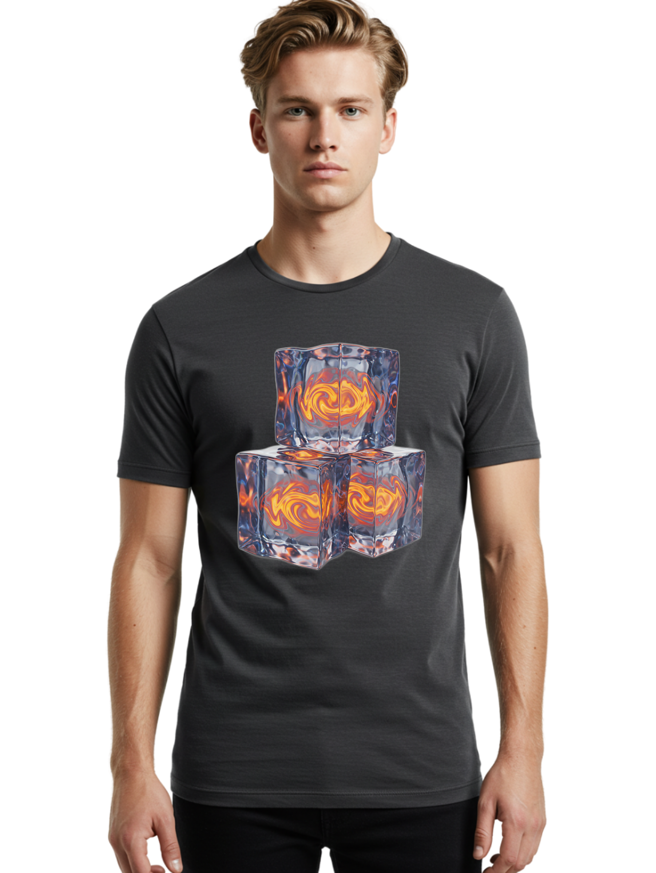 3D-Glass-Cubes Men'S Graphic Tee, 100% Cotton, Comfortable Casual Summer Wear, Machine Washable, Lava Ice, Orange Swirls, Red Molten, Glassy Texture, Reflective Surfaces, Abstract Design, Cube Shape, Fiery Patterns, Cool Contrast Bac574