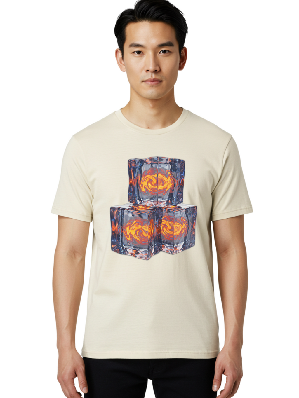 3D-Glass-Cubes Men'S Graphic Tee, 100% Cotton, Comfortable Casual Summer Wear, Machine Washable, Lava Ice, Orange Swirls, Red Molten, Glassy Texture, Reflective Surfaces, Abstract Design, Cube Shape, Fiery Patterns, Cool Contrast Bac574
