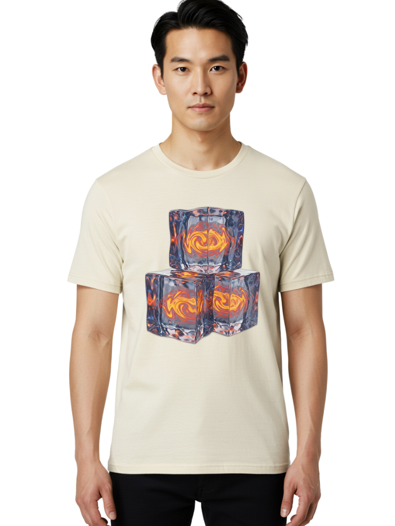 3D-Glass-Cubes Men'S Graphic Tee, 100% Cotton, Comfortable Casual Summer Wear, Machine Washable, Lava Ice, Orange Swirls, Red Molten, Glassy Texture, Reflective Surfaces, Abstract Design, Cube Shape, Fiery Patterns, Cool Contrast Bac574