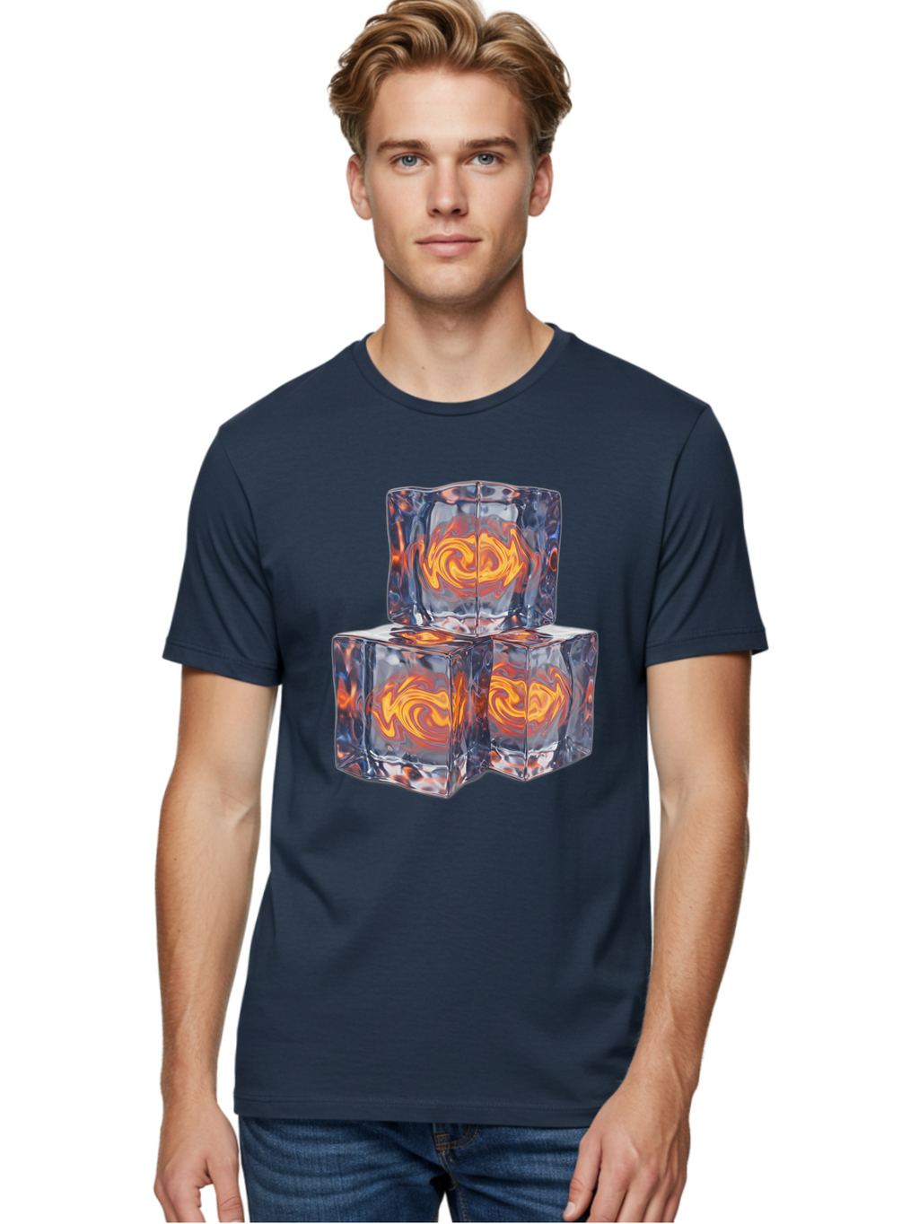 3D-Glass-Cubes Men'S Graphic Tee, 100% Cotton, Comfortable Casual Summer Wear, Machine Washable, Lava Ice, Orange Swirls, Red Molten, Glassy Texture, Reflective Surfaces, Abstract Design, Cube Shape, Fiery Patterns, Cool Contrast Bac574