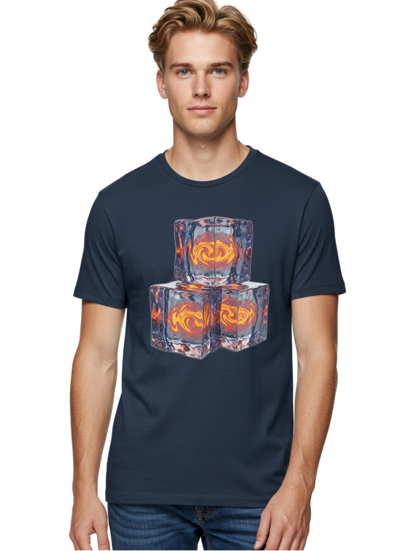 3D-Glass-Cubes Men'S Graphic Tee, 100% Cotton, Comfortable Casual Summer Wear, Machine Washable, Lava Ice, Orange Swirls, Red Molten, Glassy Texture, Reflective Surfaces, Abstract Design, Cube Shape, Fiery Patterns, Cool Contrast Bac574