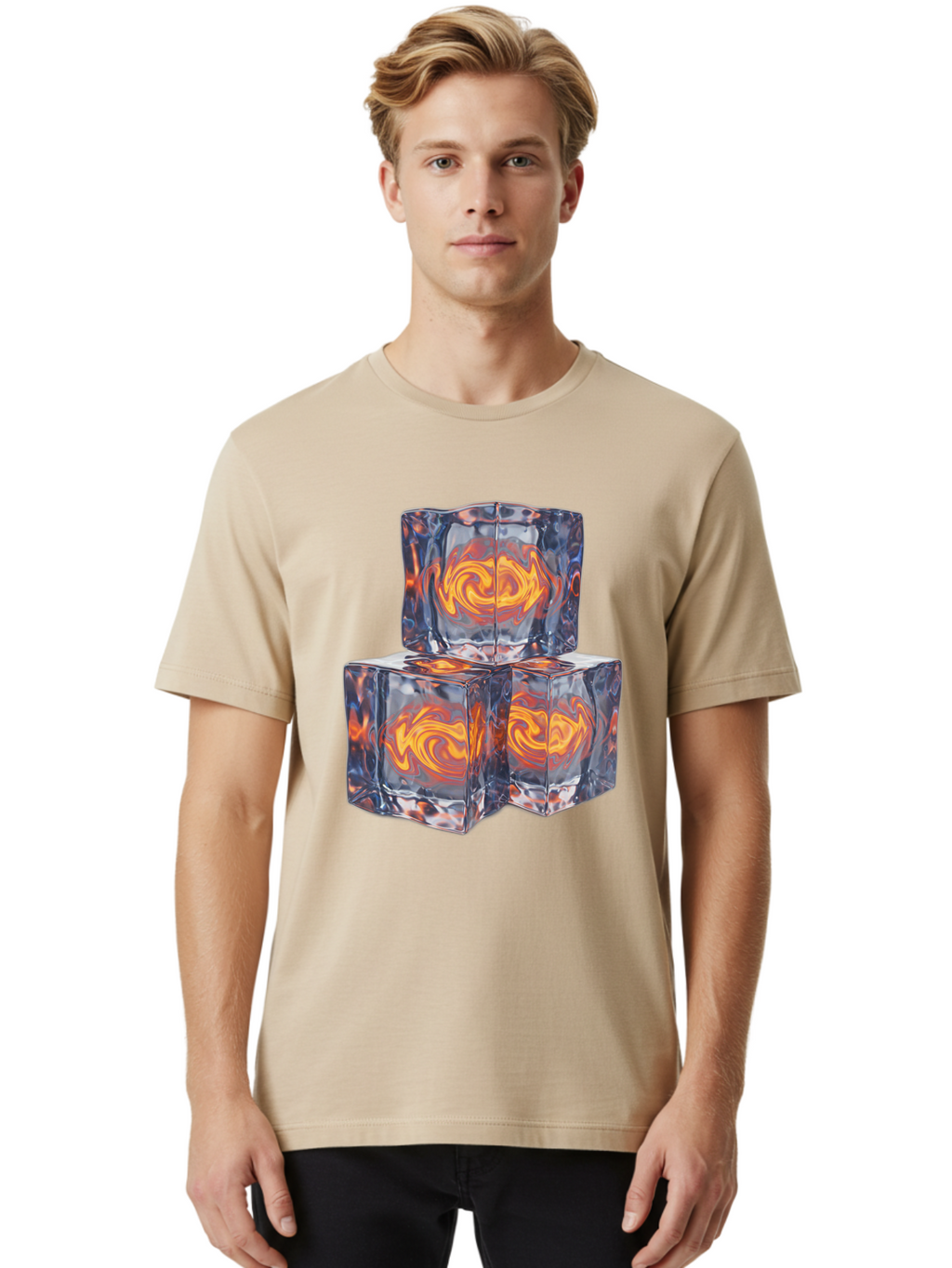 3D-Glass-Cubes Men'S Graphic Tee, 100% Cotton, Comfortable Casual Summer Wear, Machine Washable, Lava Ice, Orange Swirls, Red Molten, Glassy Texture, Reflective Surfaces, Abstract Design, Cube Shape, Fiery Patterns, Cool Contrast Bac574