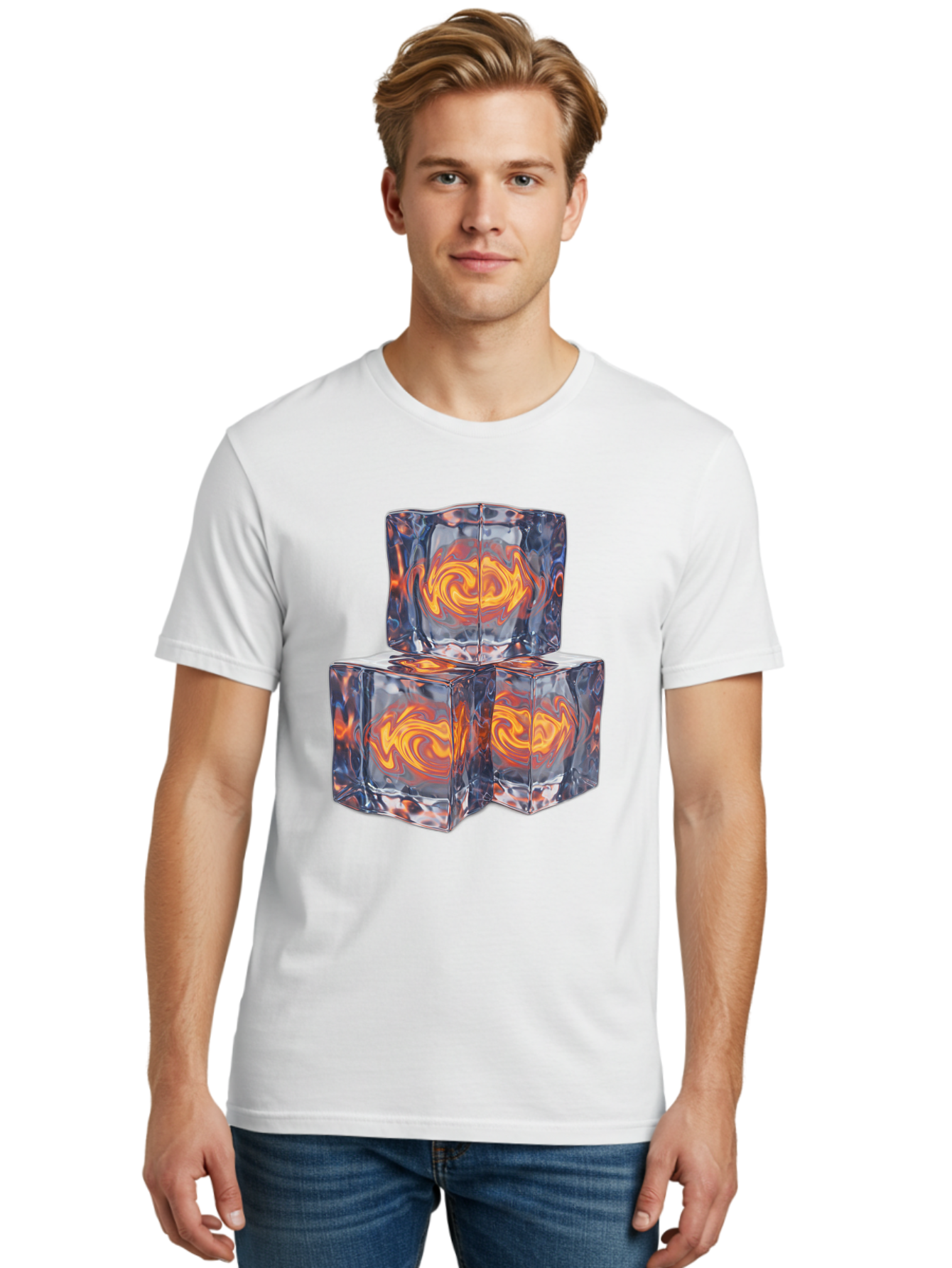 3D-Glass-Cubes Men'S Graphic Tee, 100% Cotton, Comfortable Casual Summer Wear, Machine Washable, Lava Ice, Orange Swirls, Red Molten, Glassy Texture, Reflective Surfaces, Abstract Design, Cube Shape, Fiery Patterns, Cool Contrast Bac574