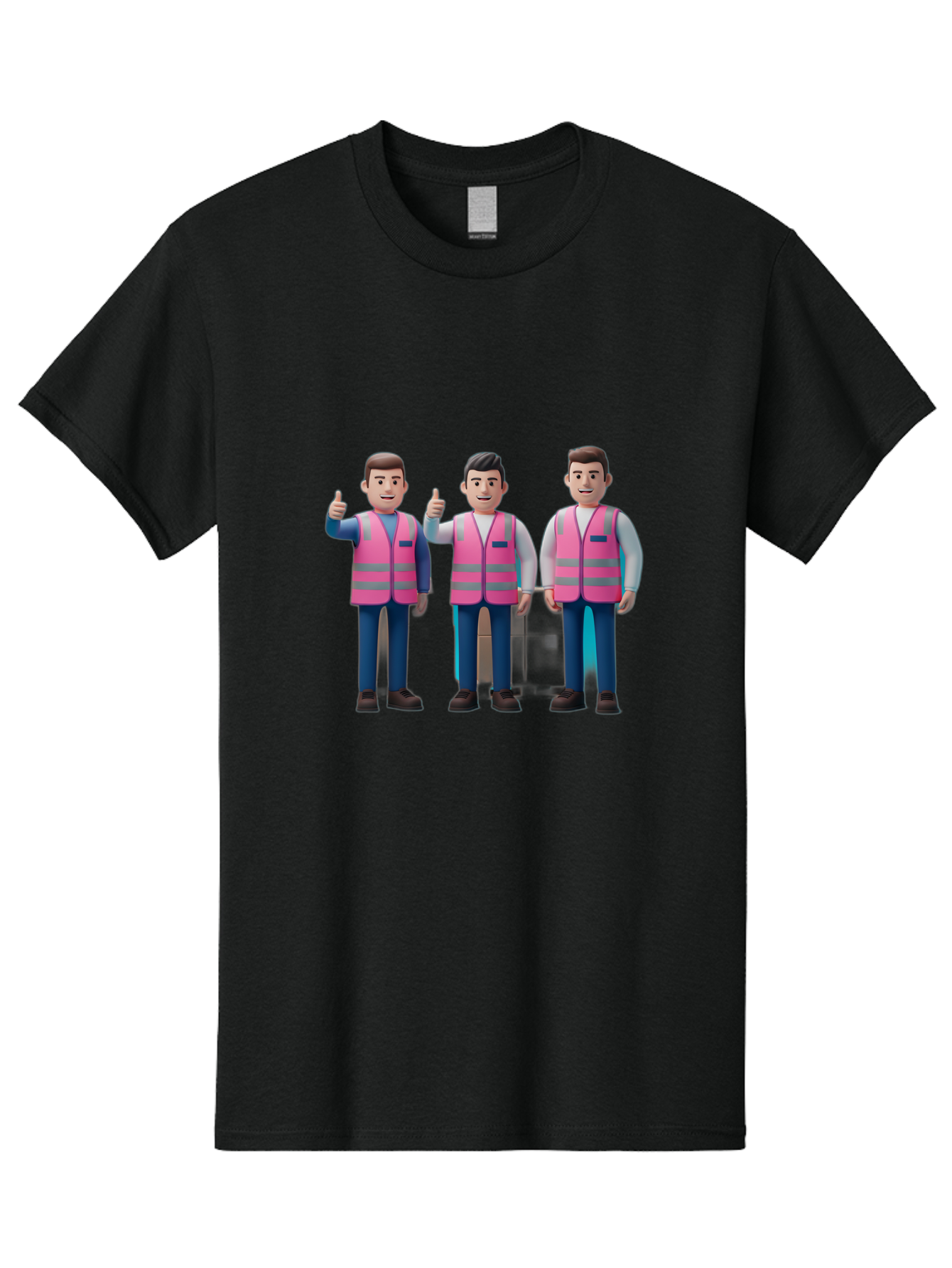 3D-Men-In-Safety-Vests Men'S Graphic Tee, 100% Cotton, Comfortable Casual Summer Wear, Machine Washable, Male Workers Wearing Pink Safety Vests, Construction Workers, 3D Illustration, Thumbs Up, Teamwork, Occupational Safety, Reflective Vests Bac575