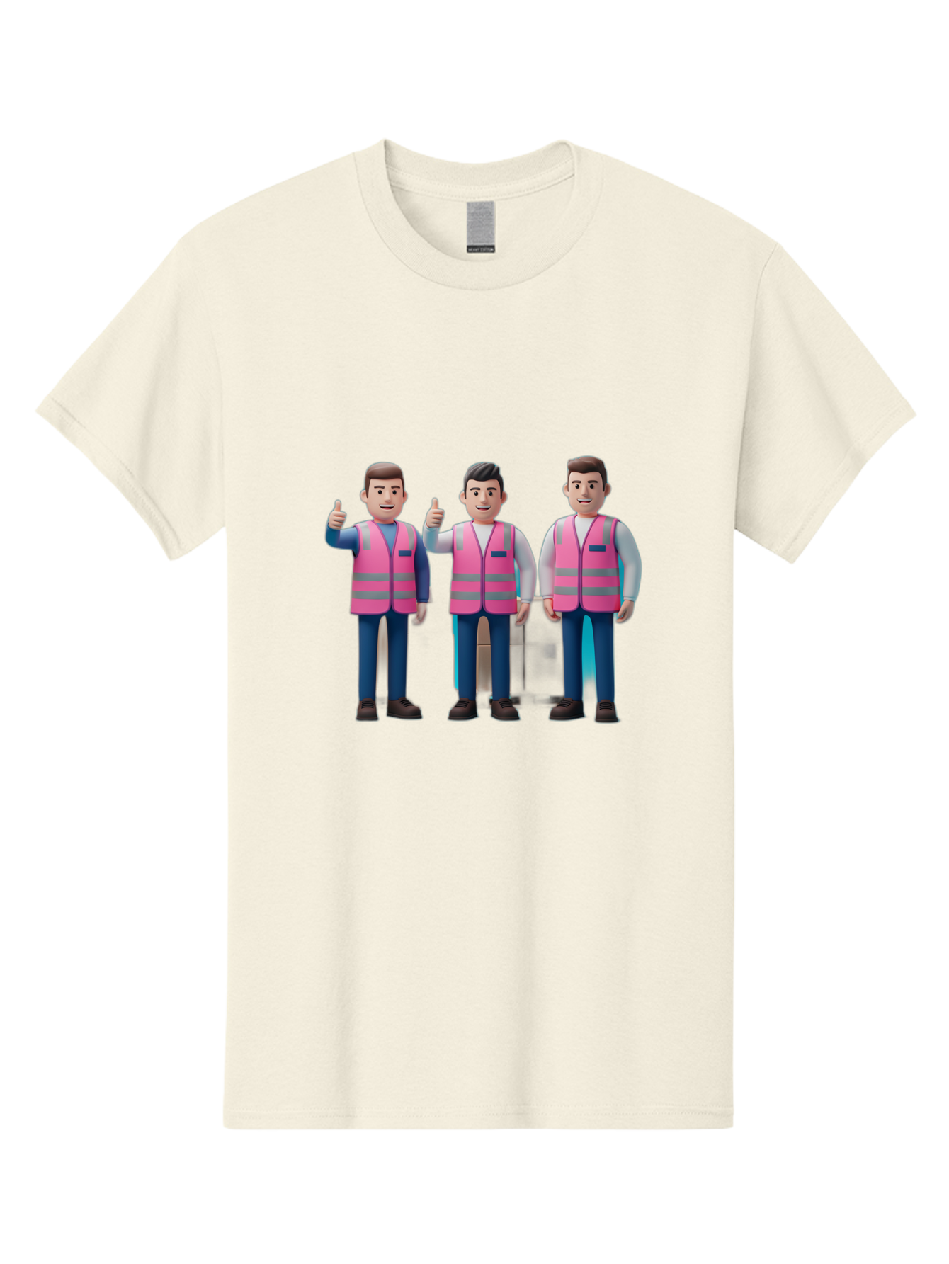 3D-Men-In-Safety-Vests Men'S Graphic Tee, 100% Cotton, Comfortable Casual Summer Wear, Machine Washable, Male Workers Wearing Pink Safety Vests, Construction Workers, 3D Illustration, Thumbs Up, Teamwork, Occupational Safety, Reflective Vests Bac575