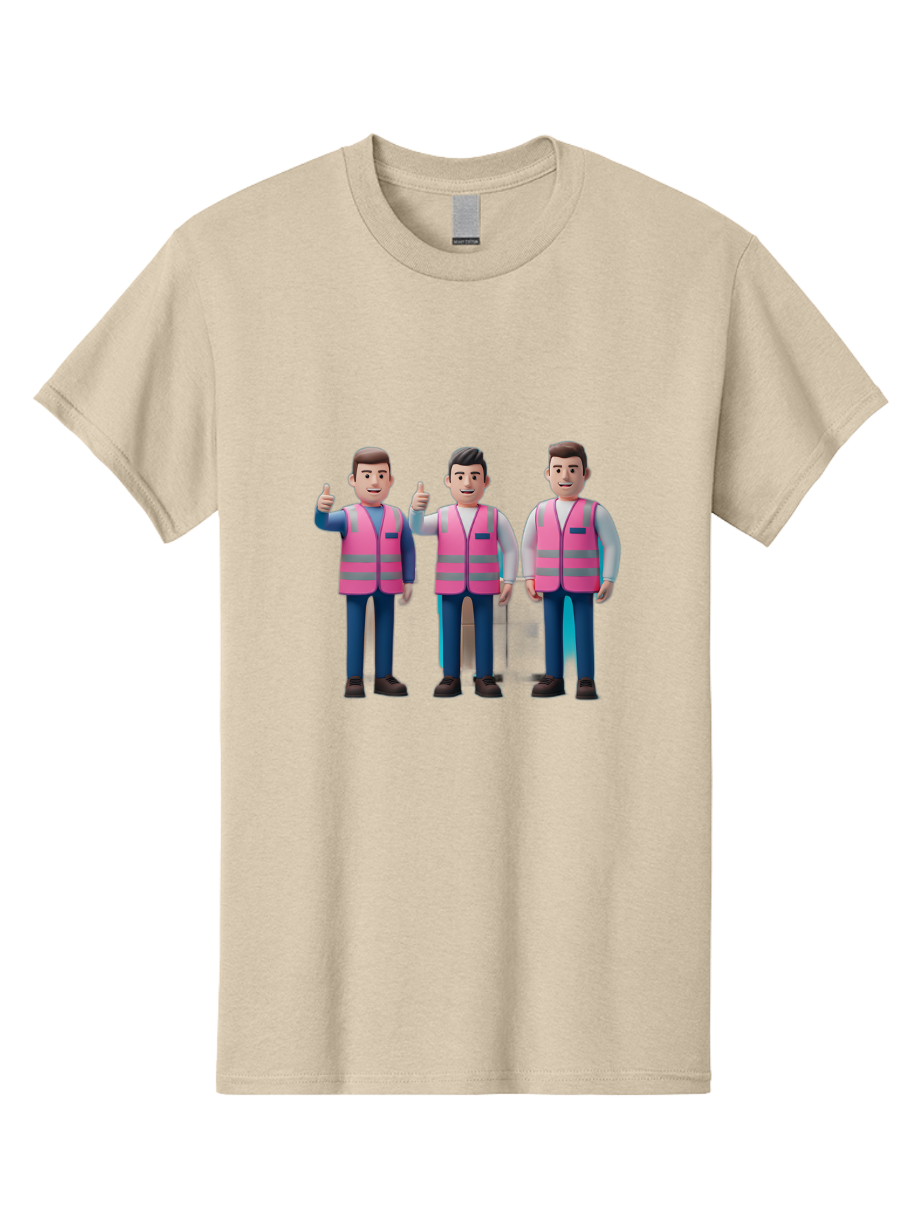 3D-Men-In-Safety-Vests Men'S Graphic Tee, 100% Cotton, Comfortable Casual Summer Wear, Machine Washable, Male Workers Wearing Pink Safety Vests, Construction Workers, 3D Illustration, Thumbs Up, Teamwork, Occupational Safety, Reflective Vests Bac575