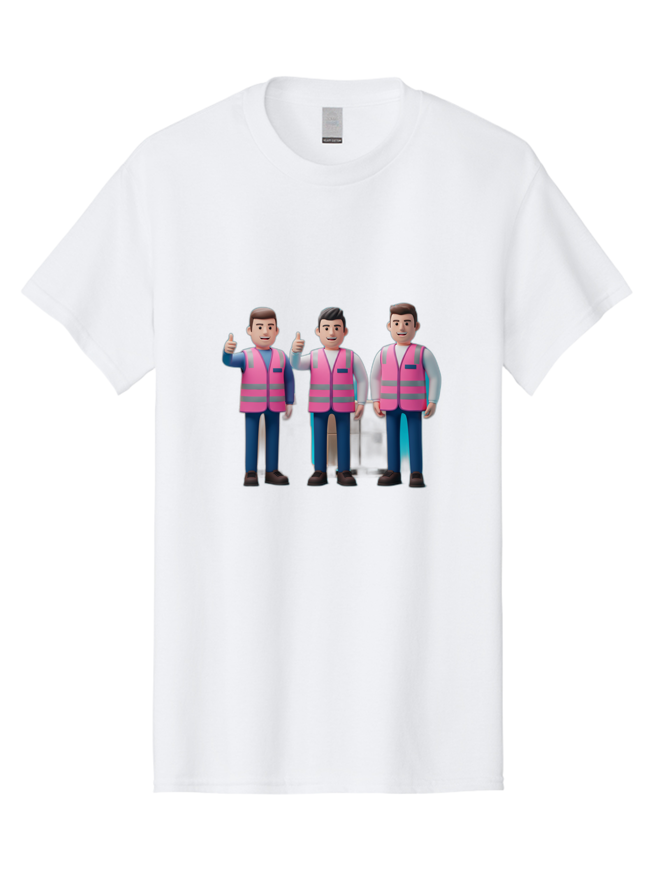 3D-Men-In-Safety-Vests Men'S Graphic Tee, 100% Cotton, Comfortable Casual Summer Wear, Machine Washable, Male Workers Wearing Pink Safety Vests, Construction Workers, 3D Illustration, Thumbs Up, Teamwork, Occupational Safety, Reflective Vests Bac575