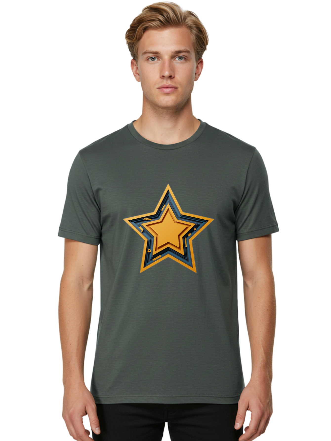 3D-Star Men'S Graphic Tee, 100% Cotton, Comfortable Casual Summer Wear, Machine Washable, Golden Star, Star Symbol, Layered Star, 3D Effect, Golden Color, Blue Outline, Star Icon, Emblem Design, Logo Graphic, Graphic Element Bac576