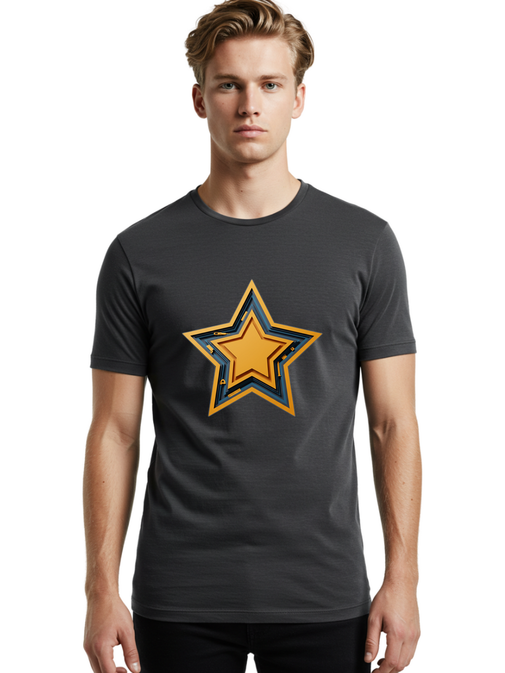 3D-Star Men'S Graphic Tee, 100% Cotton, Comfortable Casual Summer Wear, Machine Washable, Golden Star, Star Symbol, Layered Star, 3D Effect, Golden Color, Blue Outline, Star Icon, Emblem Design, Logo Graphic, Graphic Element Bac576