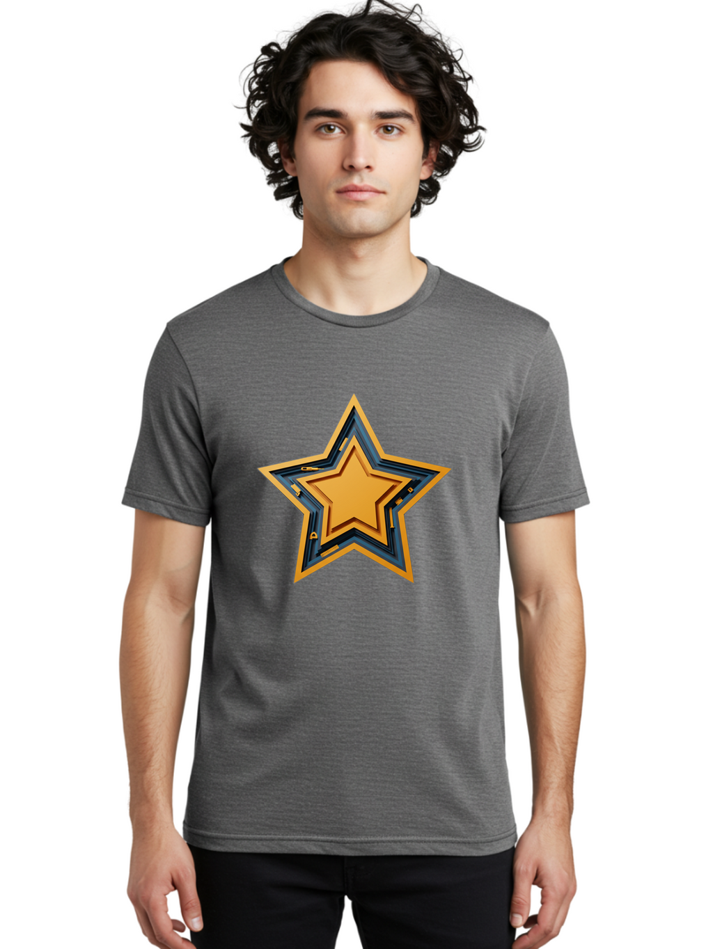 3D-Star Men'S Graphic Tee, 100% Cotton, Comfortable Casual Summer Wear, Machine Washable, Golden Star, Star Symbol, Layered Star, 3D Effect, Golden Color, Blue Outline, Star Icon, Emblem Design, Logo Graphic, Graphic Element Bac576