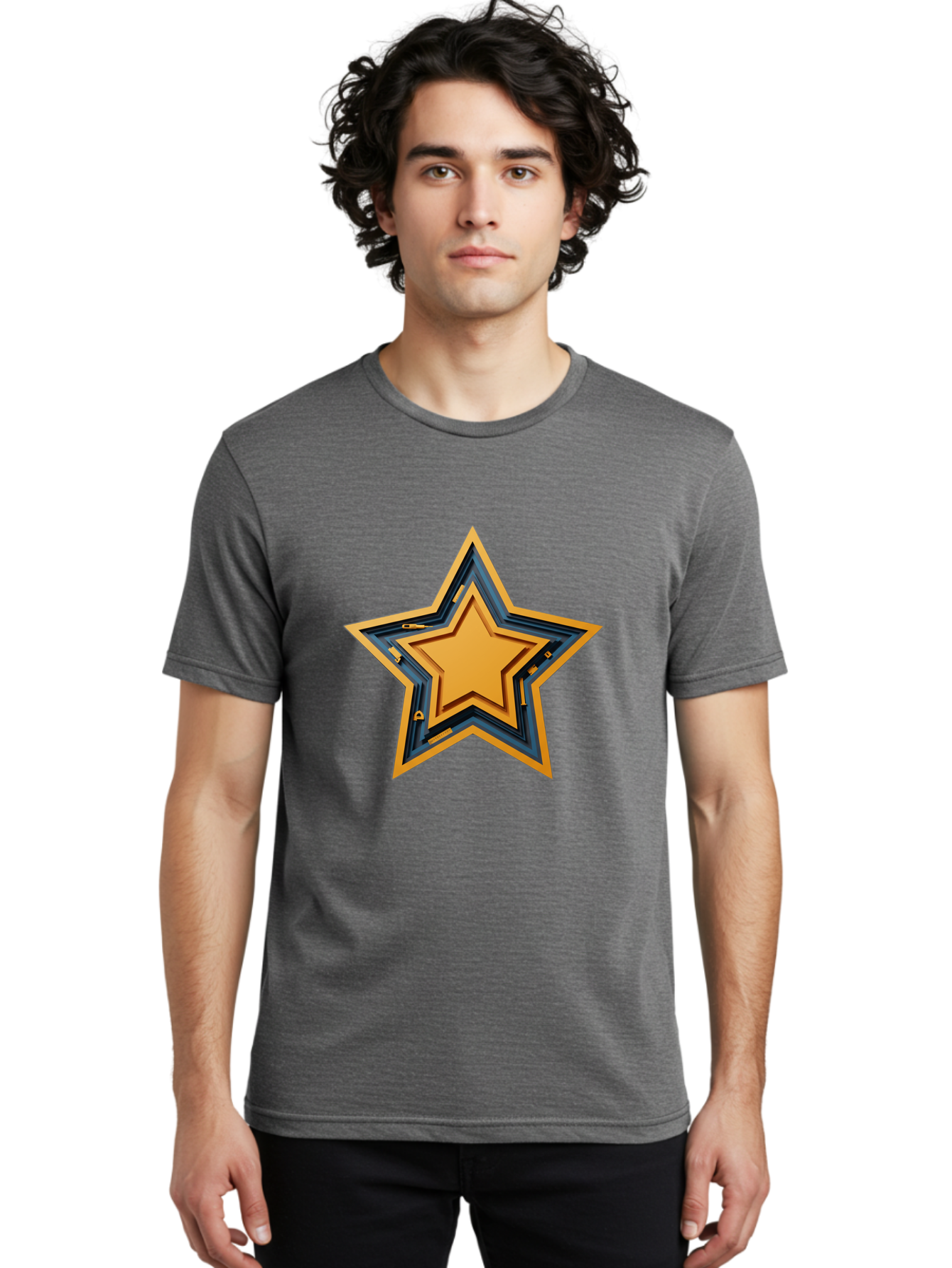3D-Star Men'S Graphic Tee, 100% Cotton, Comfortable Casual Summer Wear, Machine Washable, Golden Star, Star Symbol, Layered Star, 3D Effect, Golden Color, Blue Outline, Star Icon, Emblem Design, Logo Graphic, Graphic Element Bac576