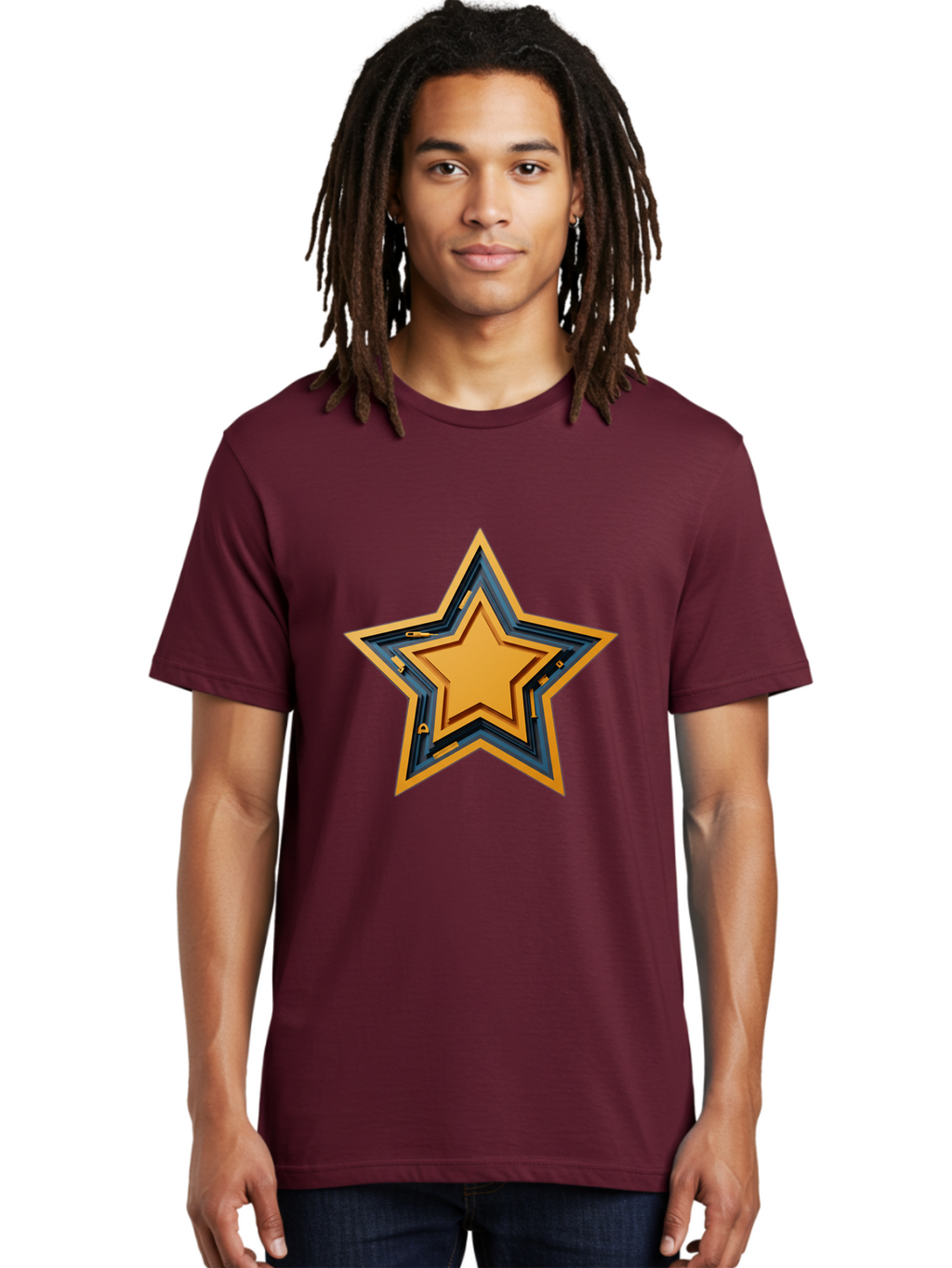 3D-Star Men'S Graphic Tee, 100% Cotton, Comfortable Casual Summer Wear, Machine Washable, Golden Star, Star Symbol, Layered Star, 3D Effect, Golden Color, Blue Outline, Star Icon, Emblem Design, Logo Graphic, Graphic Element Bac576