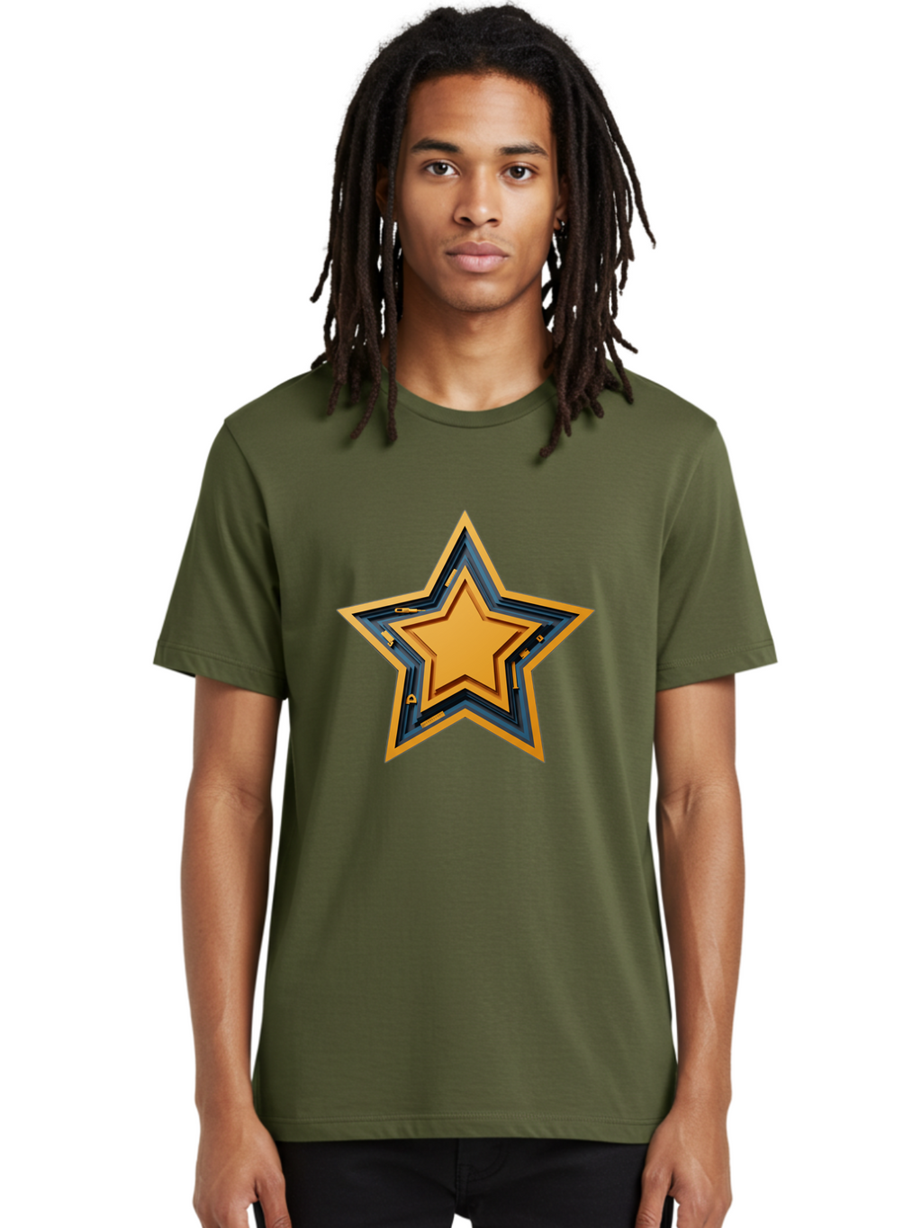 3D-Star Men'S Graphic Tee, 100% Cotton, Comfortable Casual Summer Wear, Machine Washable, Golden Star, Star Symbol, Layered Star, 3D Effect, Golden Color, Blue Outline, Star Icon, Emblem Design, Logo Graphic, Graphic Element Bac576