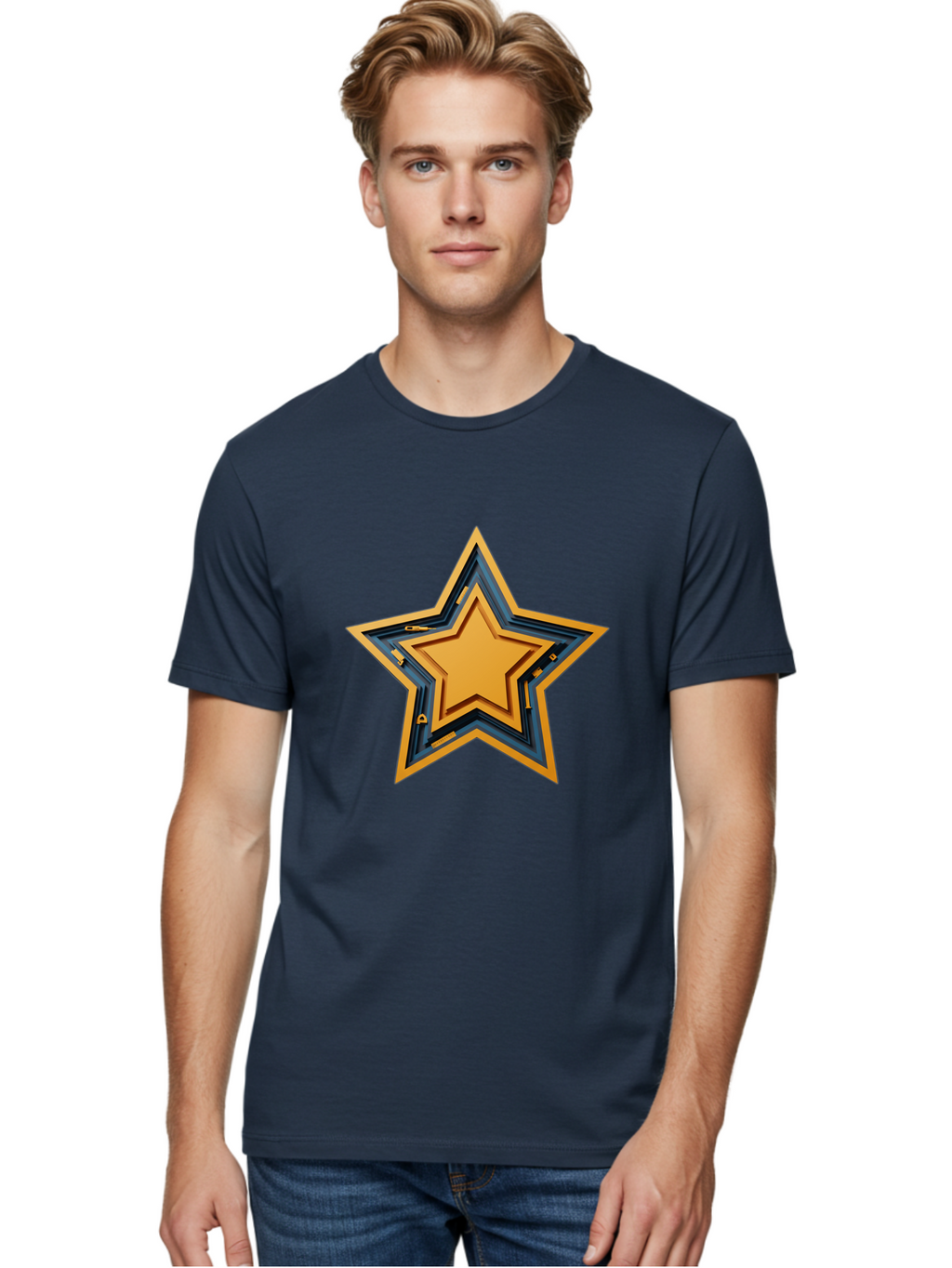 3D-Star Men'S Graphic Tee, 100% Cotton, Comfortable Casual Summer Wear, Machine Washable, Golden Star, Star Symbol, Layered Star, 3D Effect, Golden Color, Blue Outline, Star Icon, Emblem Design, Logo Graphic, Graphic Element Bac576