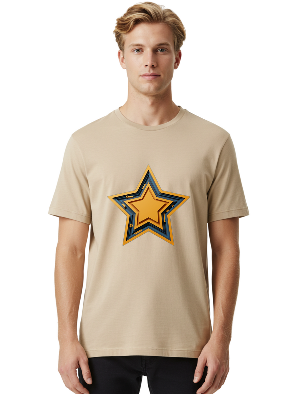 3D-Star Men'S Graphic Tee, 100% Cotton, Comfortable Casual Summer Wear, Machine Washable, Golden Star, Star Symbol, Layered Star, 3D Effect, Golden Color, Blue Outline, Star Icon, Emblem Design, Logo Graphic, Graphic Element Bac576