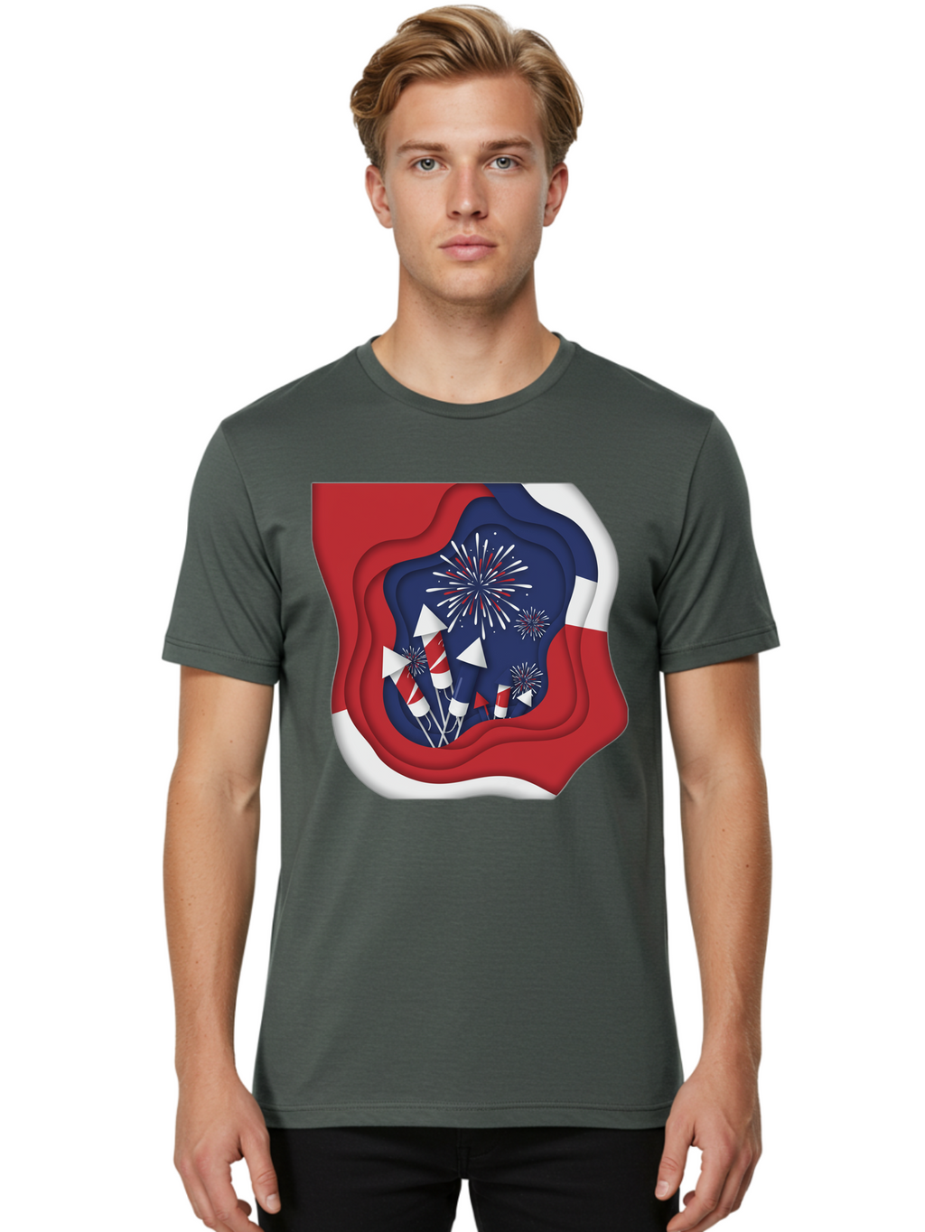 4Th-Of-July-Fireworks Men'S Graphic Tee, 100% Cotton, Comfortable Casual Summer Wear, Machine Washable, 4Th Of July Celebration, Fireworks Display, Patriotic Decor, Red White And Blue, Independence Day, Festive Atmosphere, Layered Paper Art, Bac578