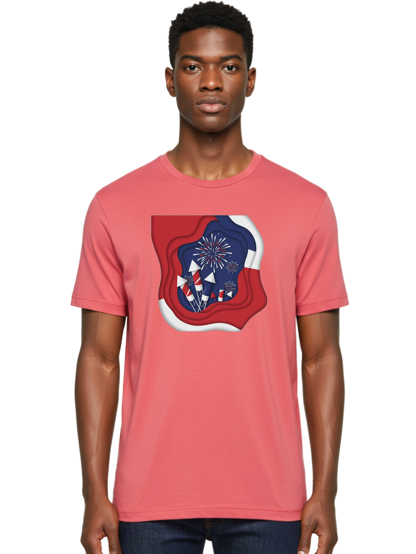 4Th-Of-July-Fireworks Men'S Graphic Tee, 100% Cotton, Comfortable Casual Summer Wear, Machine Washable, 4Th Of July Celebration, Fireworks Display, Patriotic Decor, Red White And Blue, Independence Day, Festive Atmosphere, Layered Paper Art, Bac578