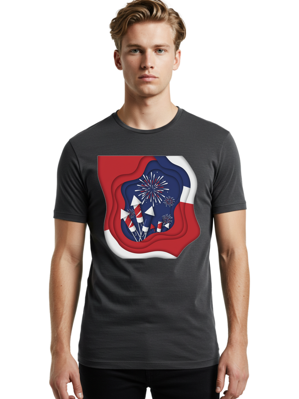 4Th-Of-July-Fireworks Men'S Graphic Tee, 100% Cotton, Comfortable Casual Summer Wear, Machine Washable, 4Th Of July Celebration, Fireworks Display, Patriotic Decor, Red White And Blue, Independence Day, Festive Atmosphere, Layered Paper Art, Bac578