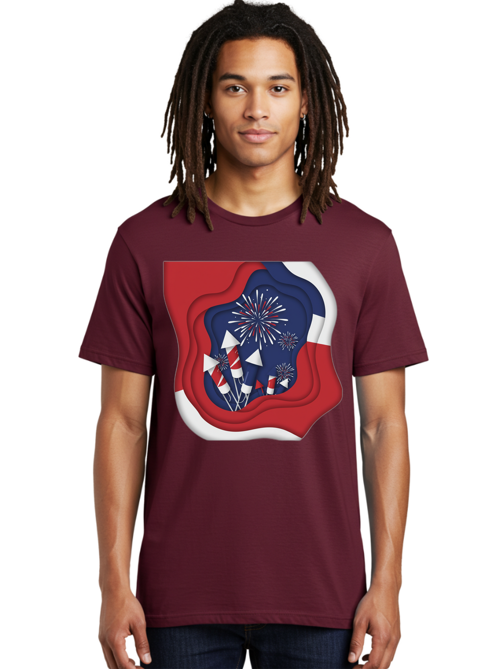 4Th-Of-July-Fireworks Men'S Graphic Tee, 100% Cotton, Comfortable Casual Summer Wear, Machine Washable, 4Th Of July Celebration, Fireworks Display, Patriotic Decor, Red White And Blue, Independence Day, Festive Atmosphere, Layered Paper Art, Bac578