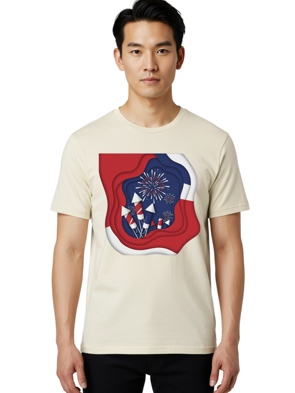 4Th-Of-July-Fireworks Men'S Graphic Tee, 100% Cotton, Comfortable Casual Summer Wear, Machine Washable, 4Th Of July Celebration, Fireworks Display, Patriotic Decor, Red White And Blue, Independence Day, Festive Atmosphere, Layered Paper Art, Bac578