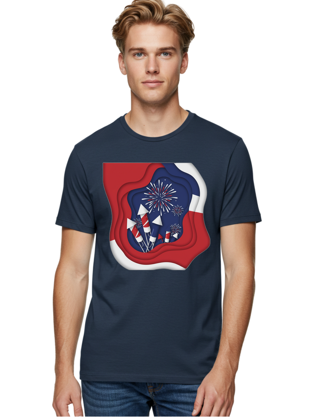 4Th-Of-July-Fireworks Men'S Graphic Tee, 100% Cotton, Comfortable Casual Summer Wear, Machine Washable, 4Th Of July Celebration, Fireworks Display, Patriotic Decor, Red White And Blue, Independence Day, Festive Atmosphere, Layered Paper Art, Bac578